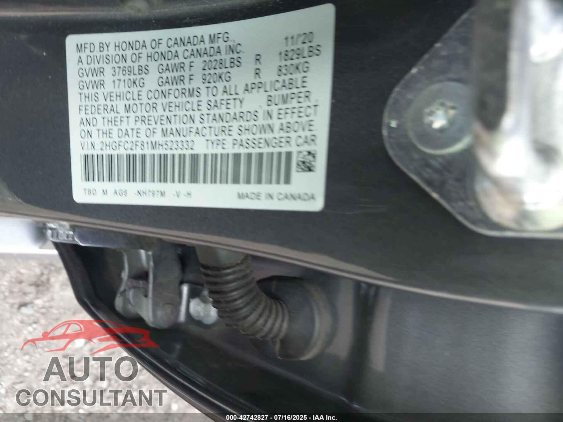 HONDA CIVIC 2021 - 2HGFC2F81MH523332