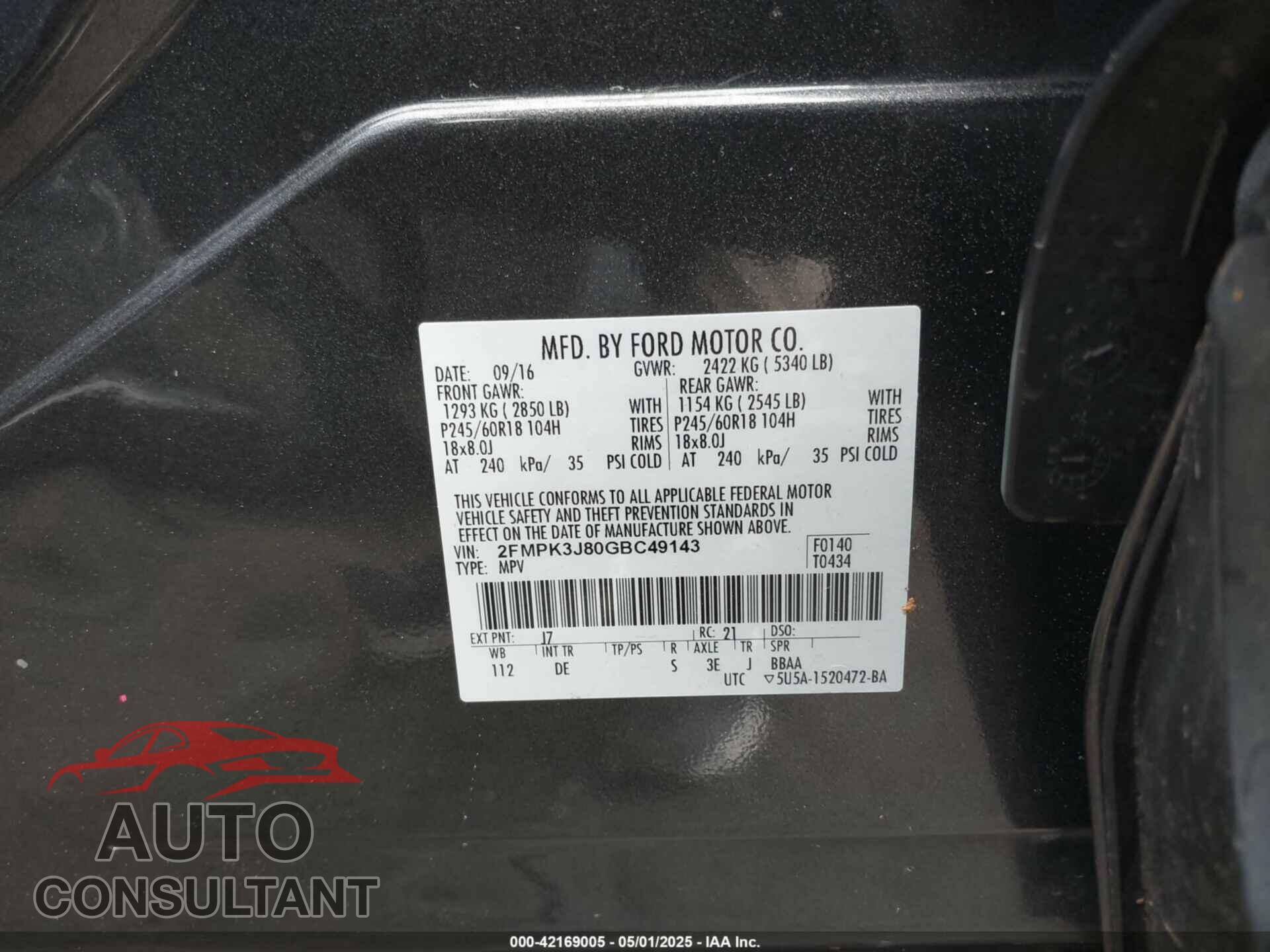 FORD EDGE 2016 - 2FMPK3J80GBC49143