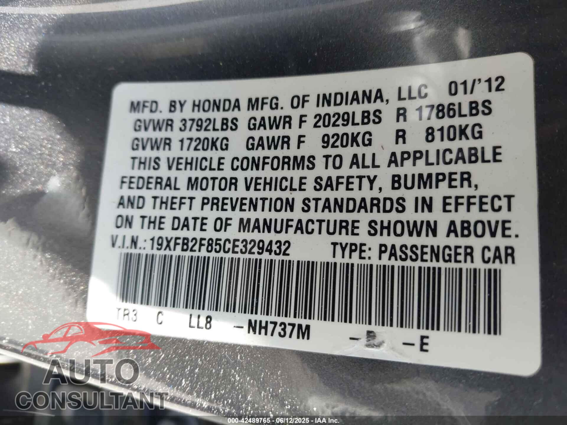 HONDA CIVIC 2012 - 19XFB2F85CE329432