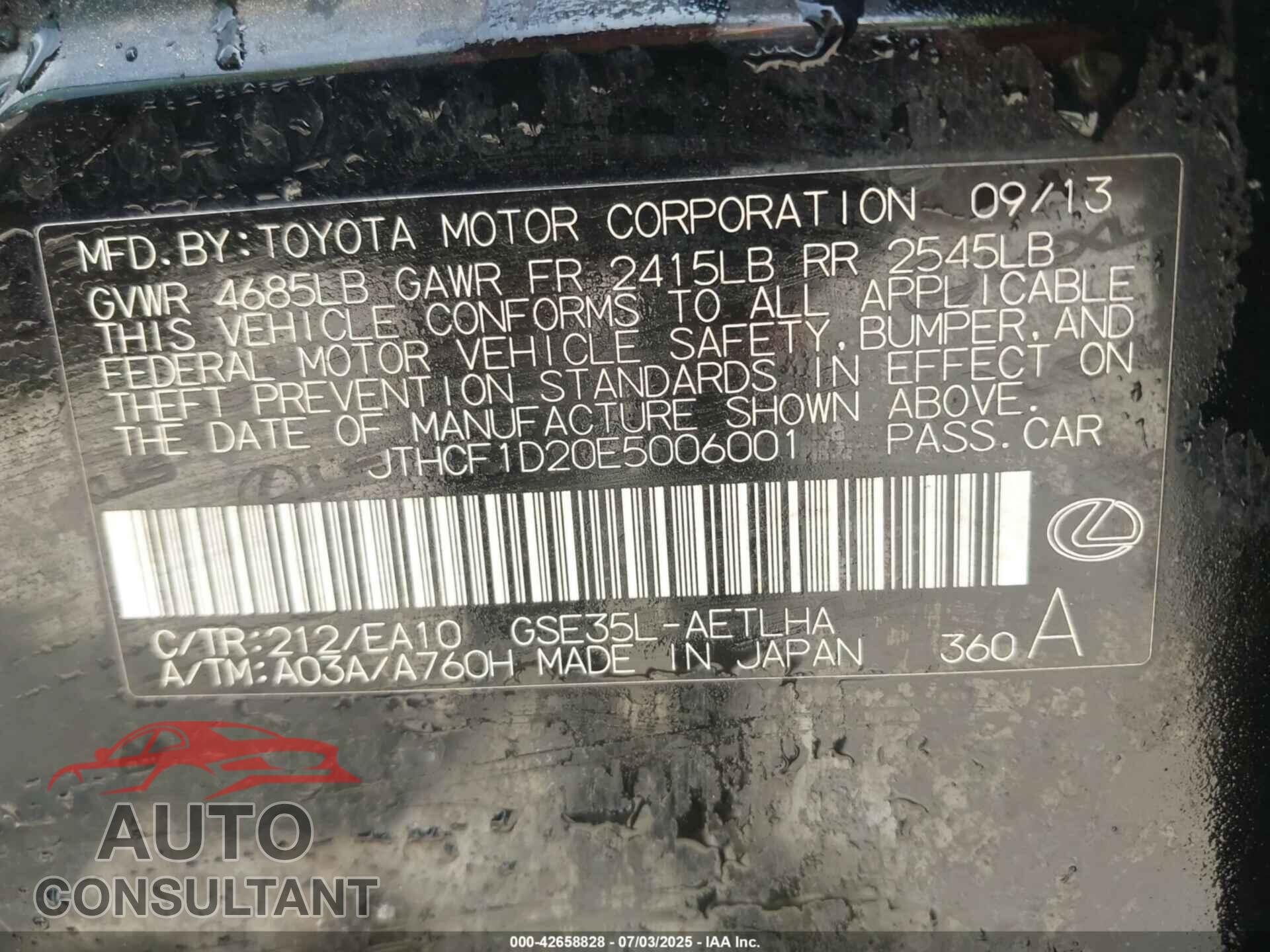LEXUS IS 250 2014 - JTHCF1D20E5006001