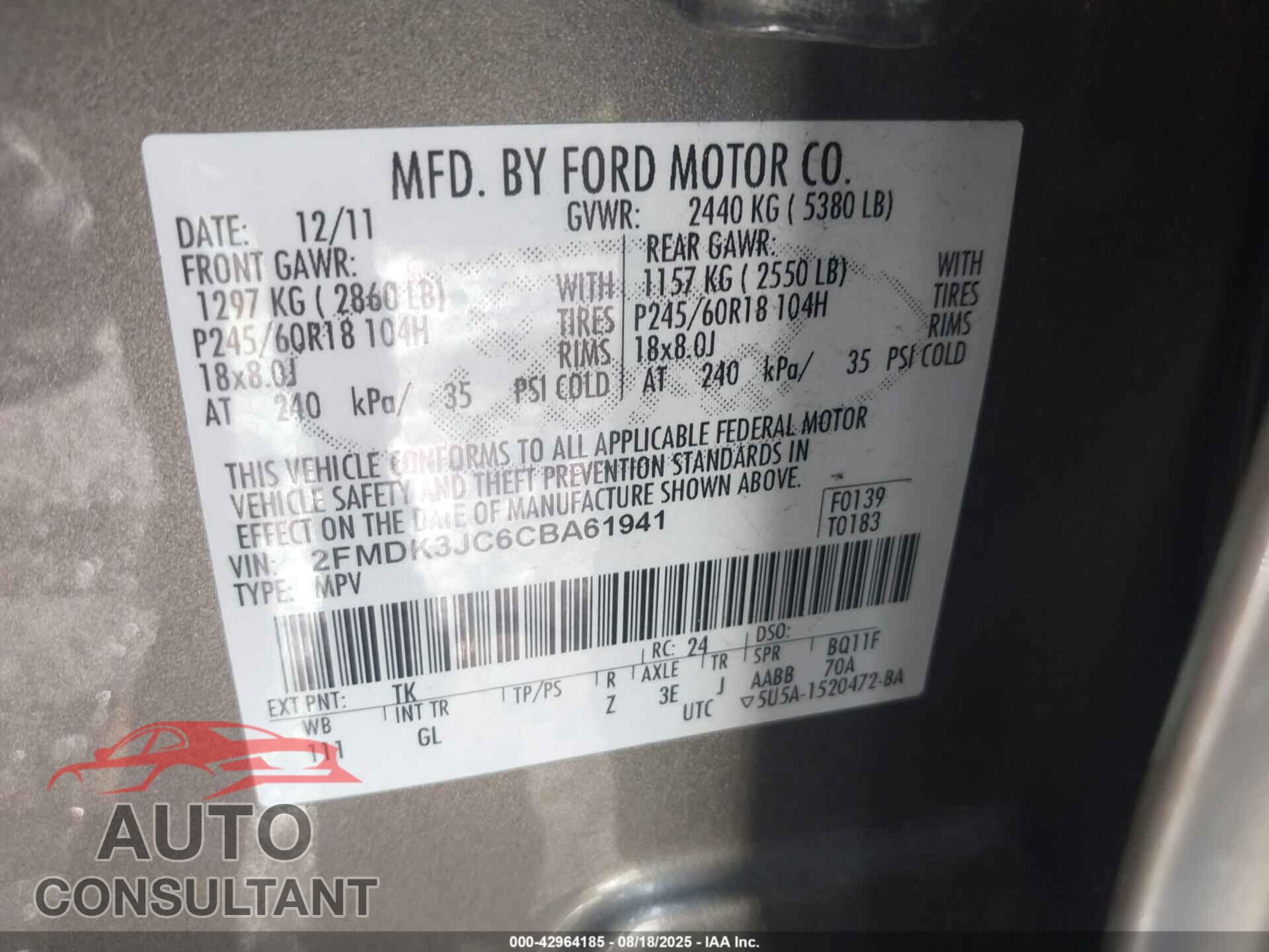 FORD EDGE 2012 - 2FMDK3JC6CBA61941