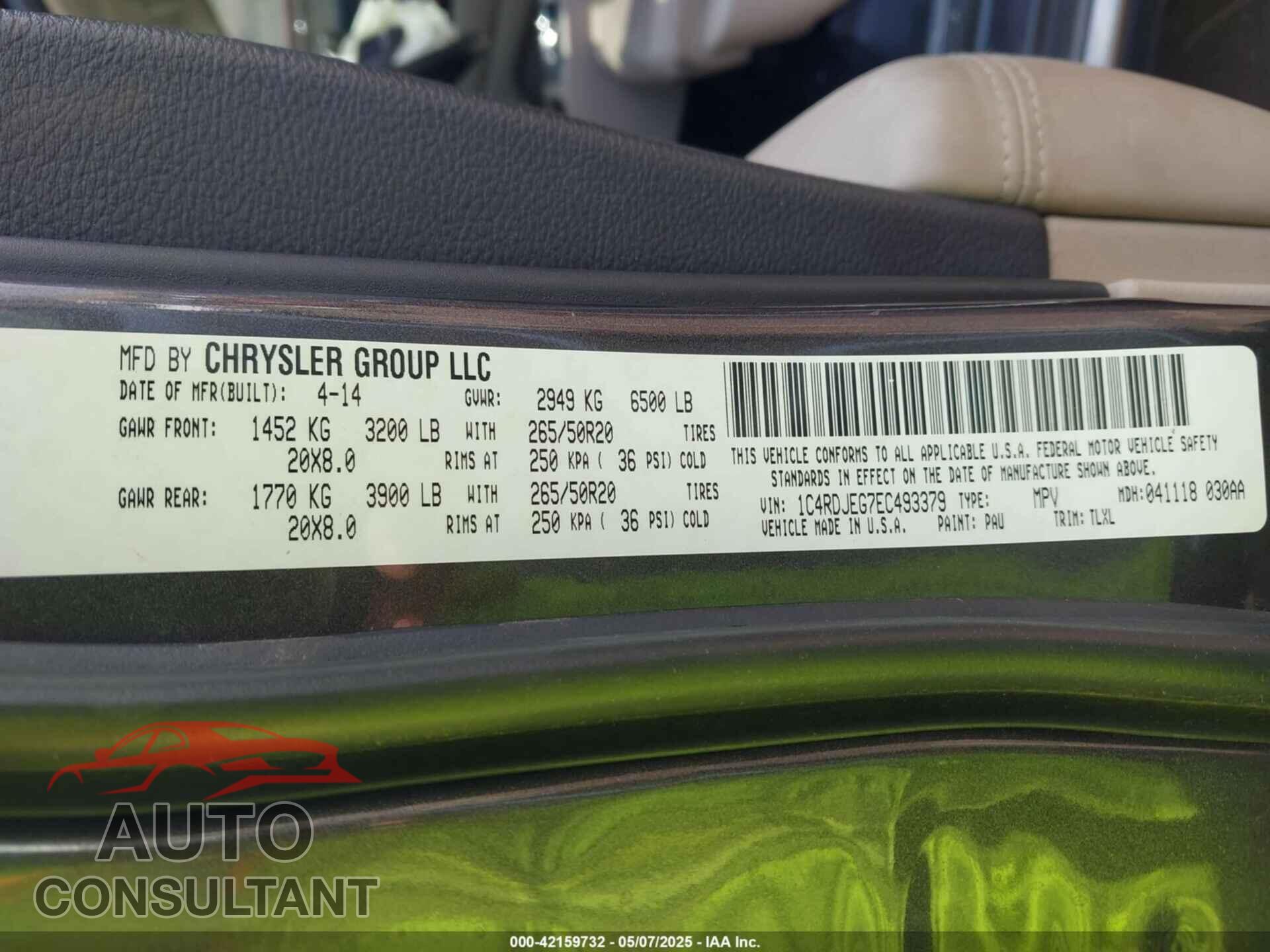 DODGE DURANGO 2014 - 1C4RDJEG7EC493379