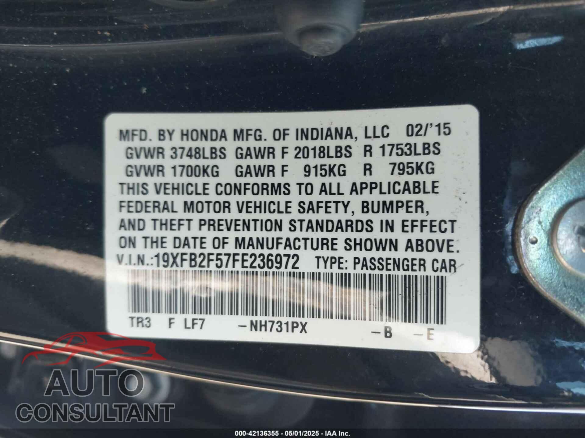 HONDA CIVIC 2015 - 19XFB2F57FE236972