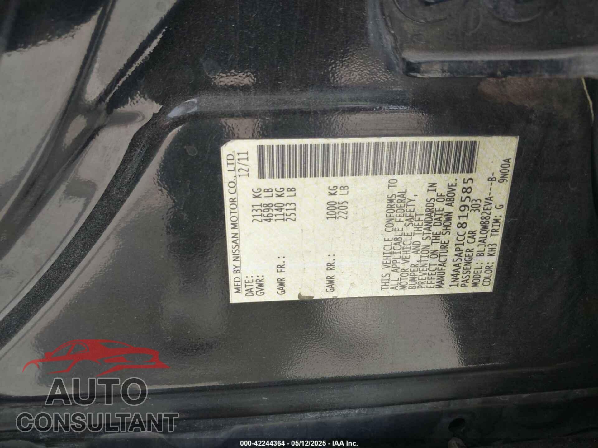 NISSAN MAXIMA 2012 - 1N4AA5AP1CC819585