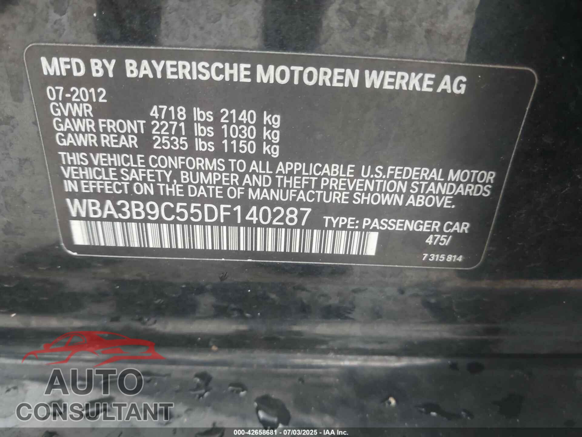 BMW 335I 2013 - WBA3B9C55DF140287