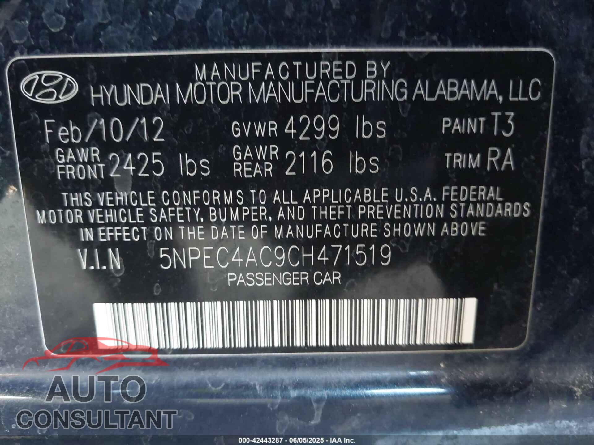 HYUNDAI SONATA 2012 - 5NPEC4AC9CH471519