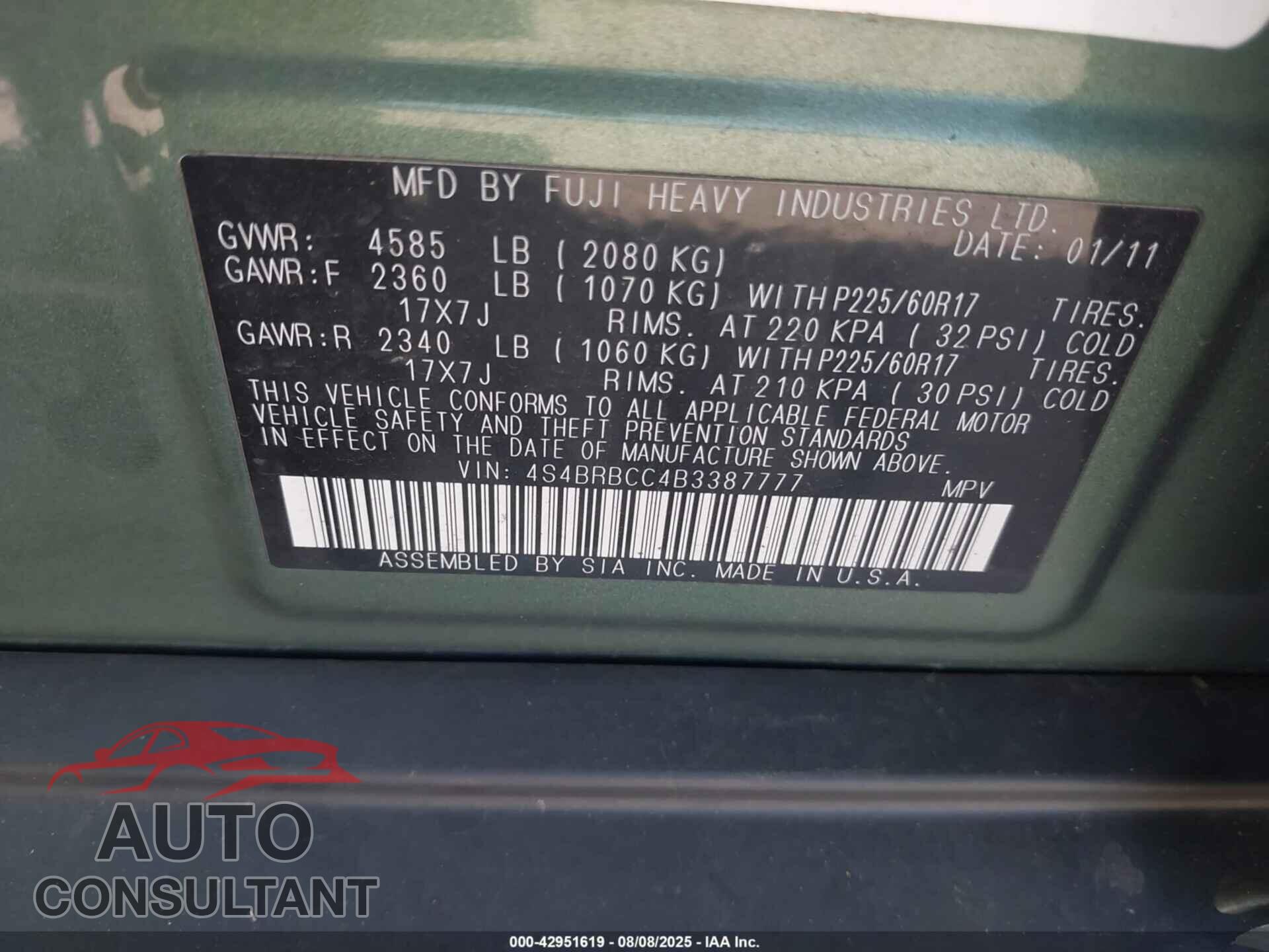 SUBARU OUTBACK 2011 - 4S4BRBCC4B3387777