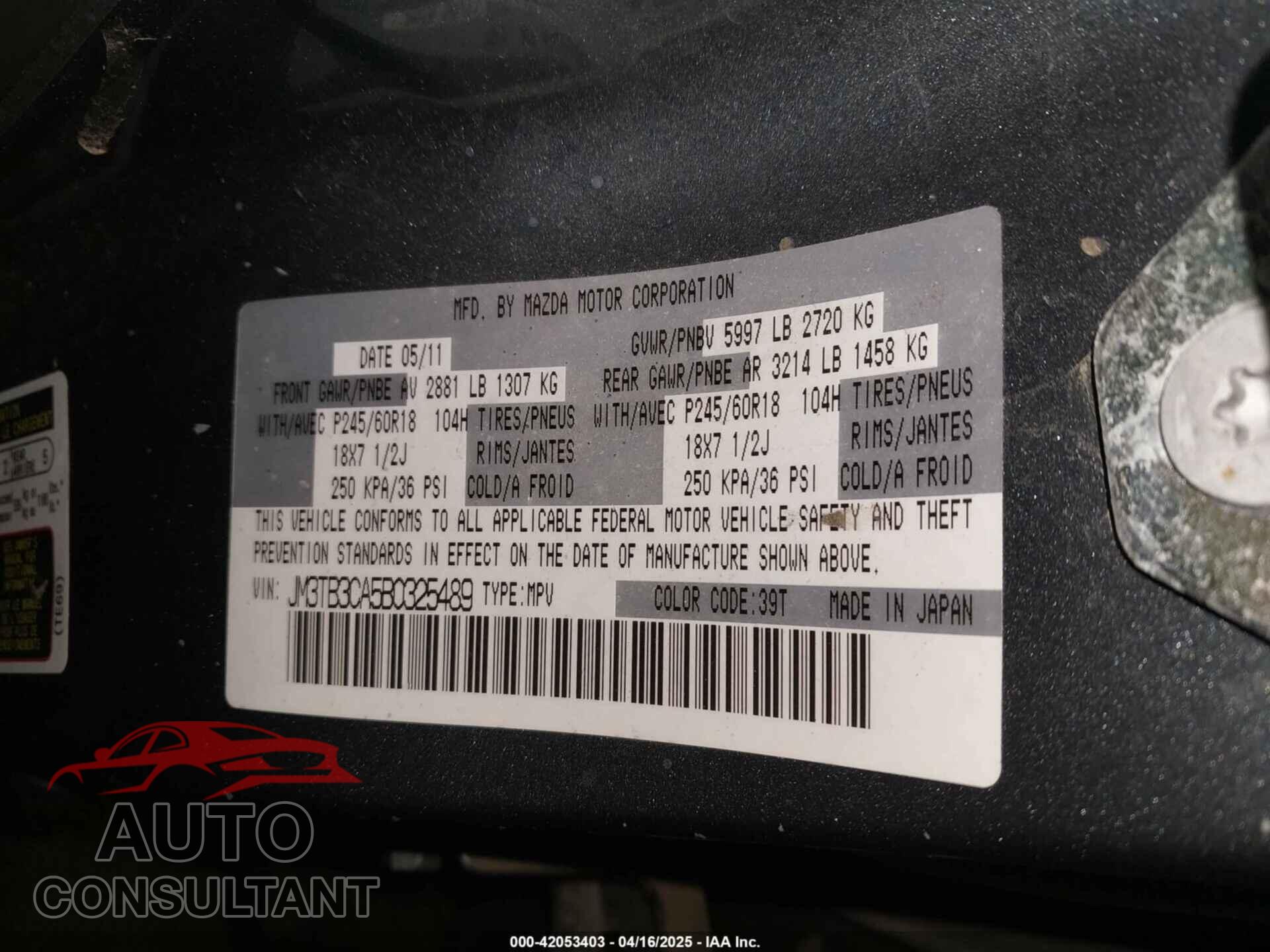 MAZDA CX-9 2011 - JM3TB3CA5B0325489