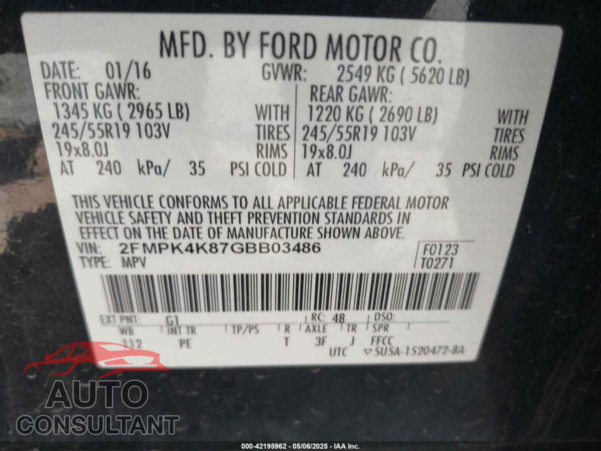 FORD EDGE 2016 - 2FMPK4K87GBB03486