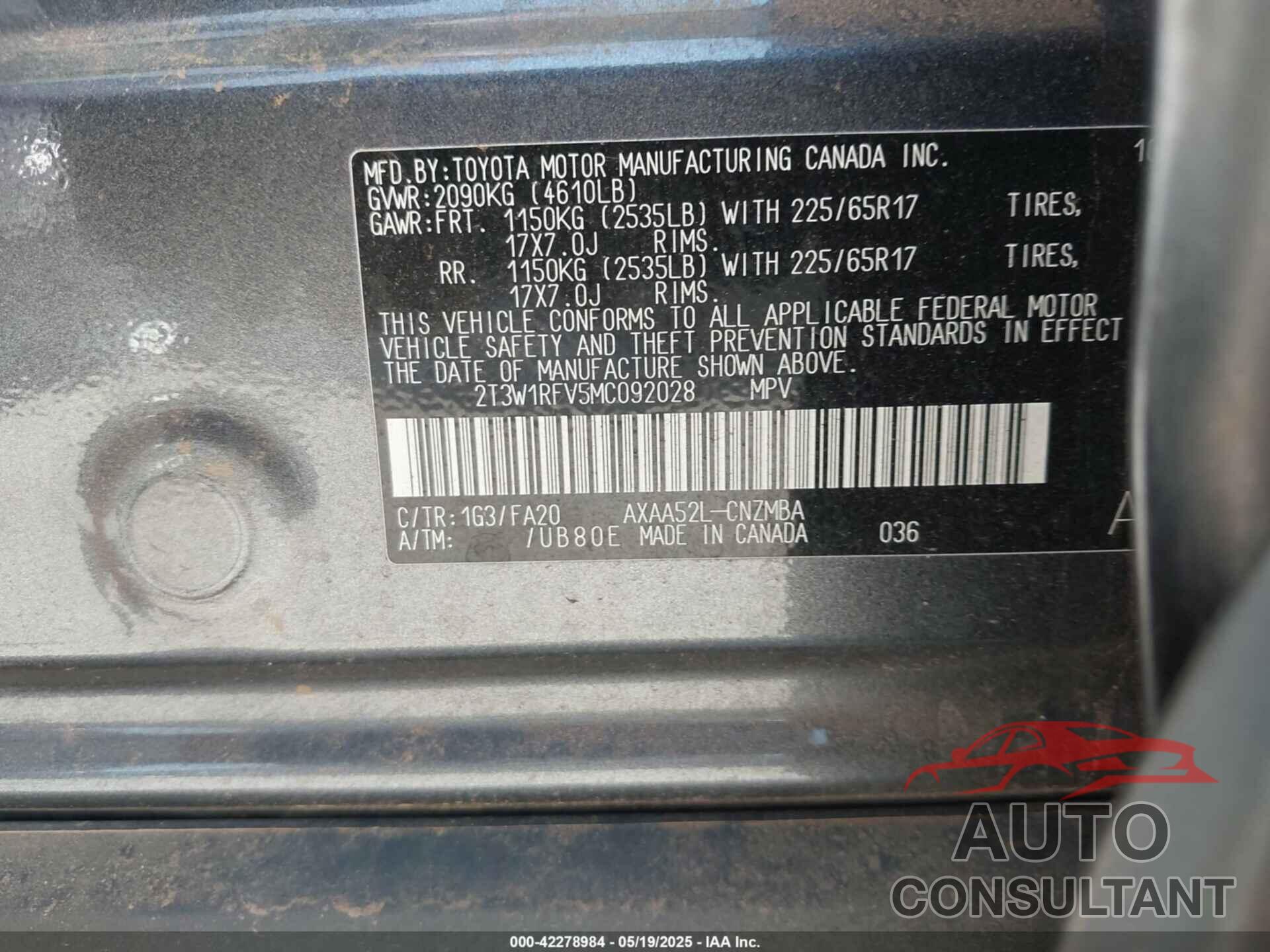 TOYOTA RAV4 2021 - 2T3W1RFV5MC092028