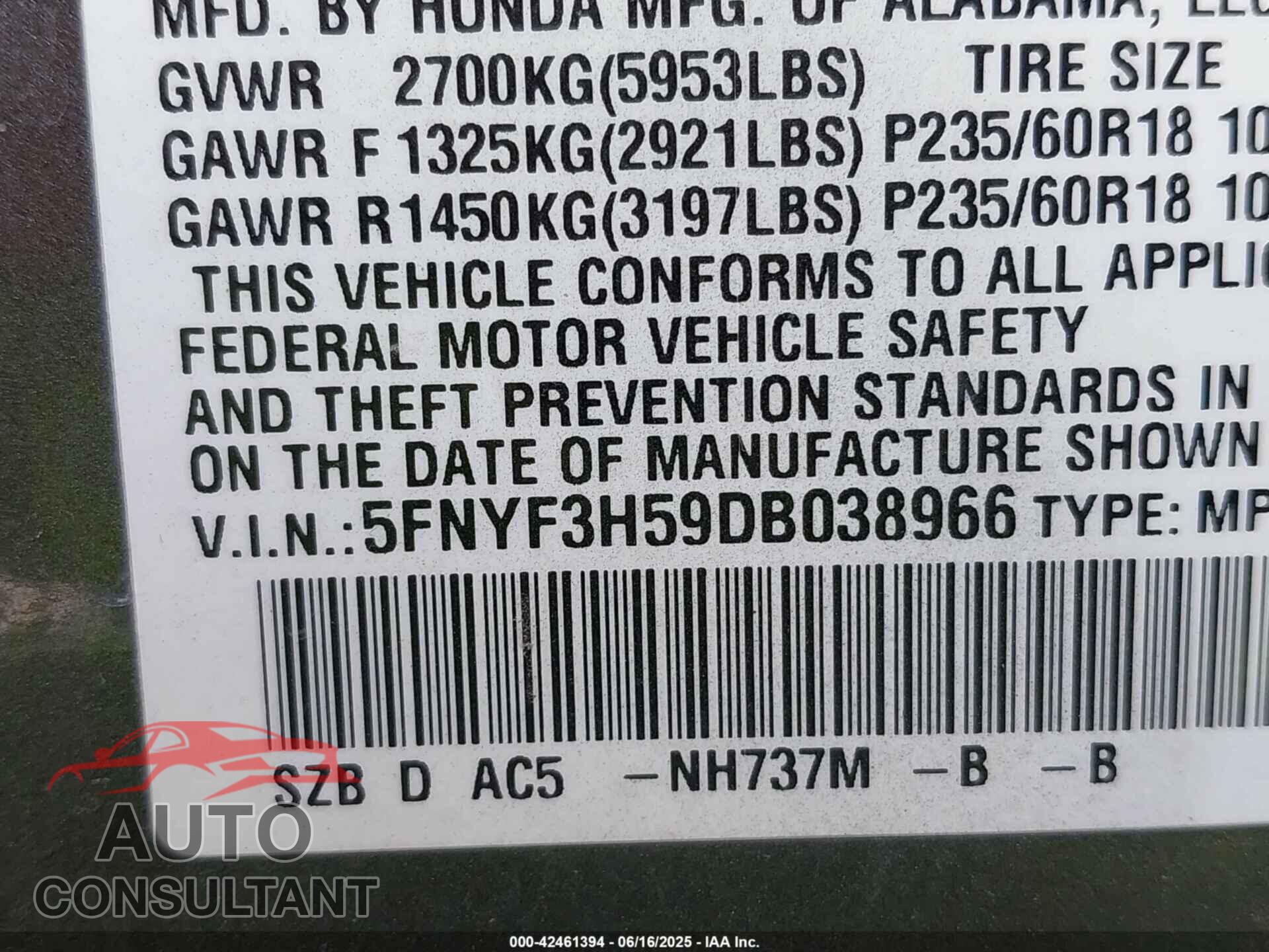 HONDA PILOT 2013 - 5FNYF3H59DB038966