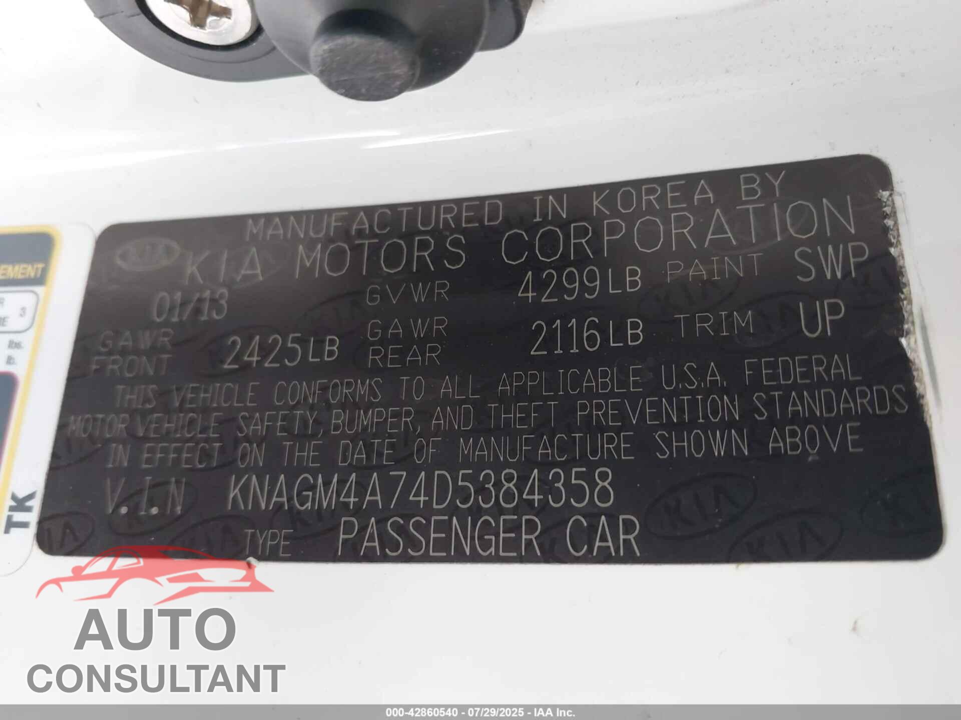 KIA OPTIMA 2013 - KNAGM4A74D5384358