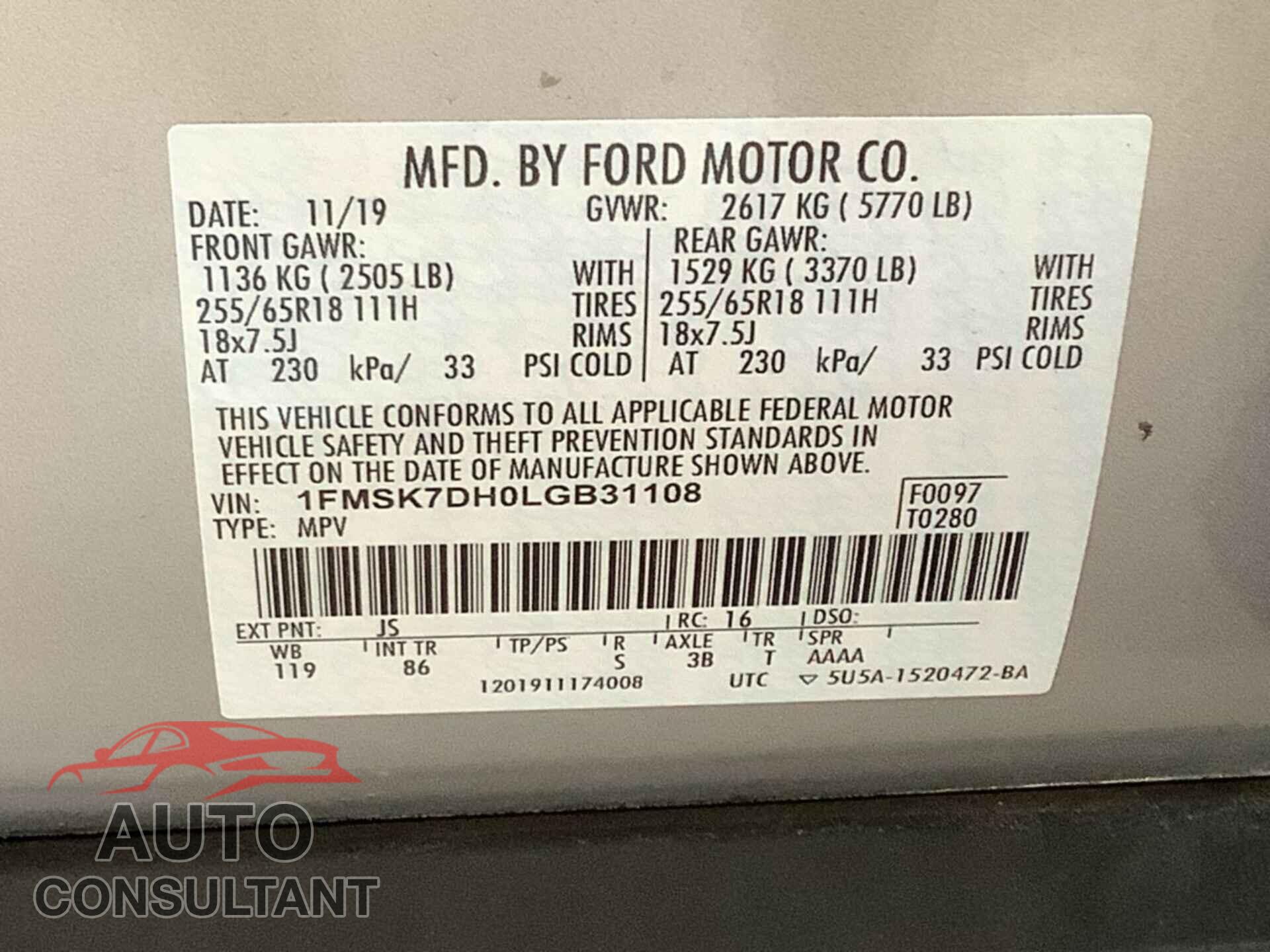 FORD EXPLORER 2020 - 1FMSK7DH0LGB31108