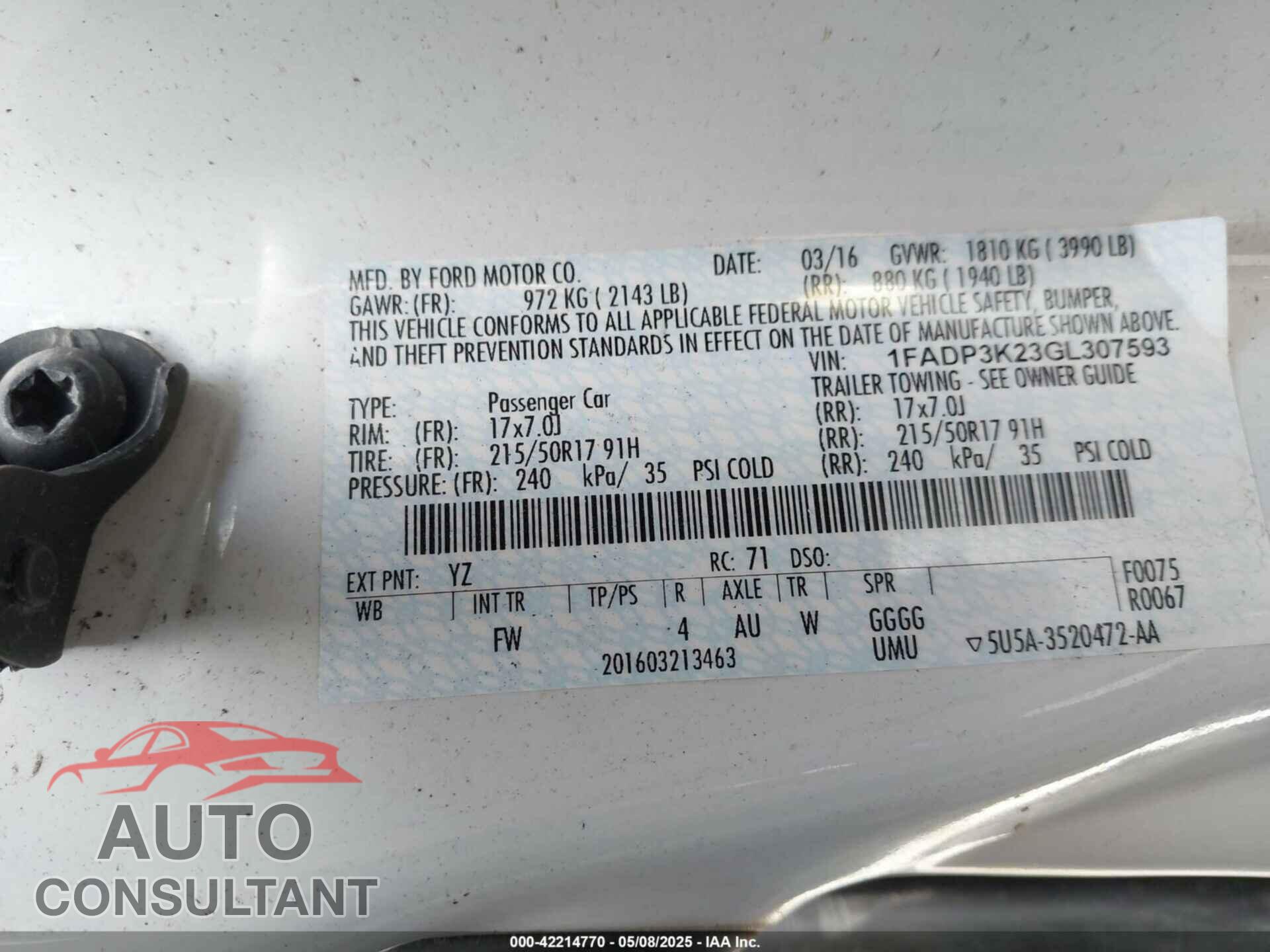 FORD FOCUS 2016 - 1FADP3K23GL307593