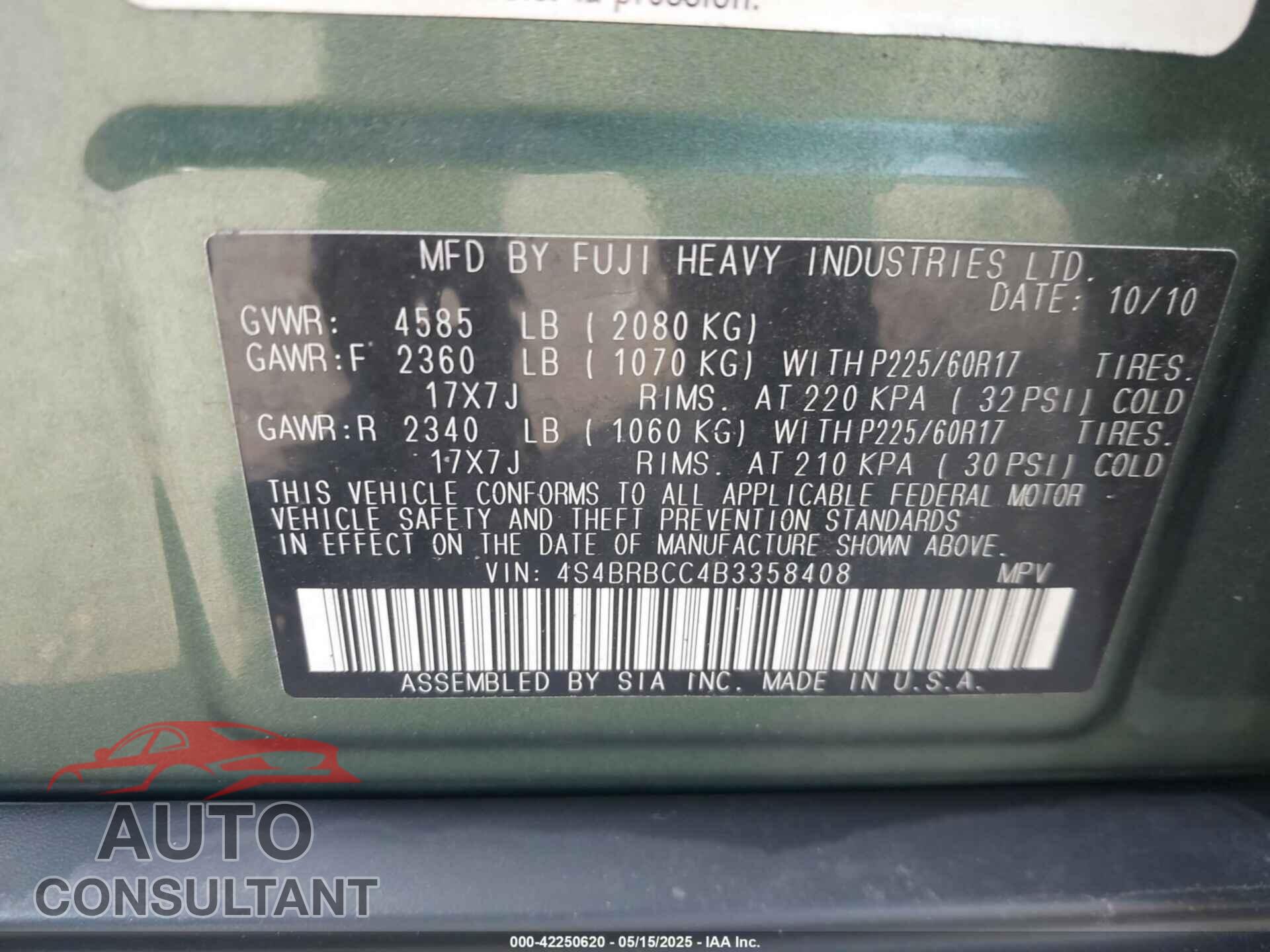SUBARU OUTBACK 2011 - 4S4BRBCC4B3358408