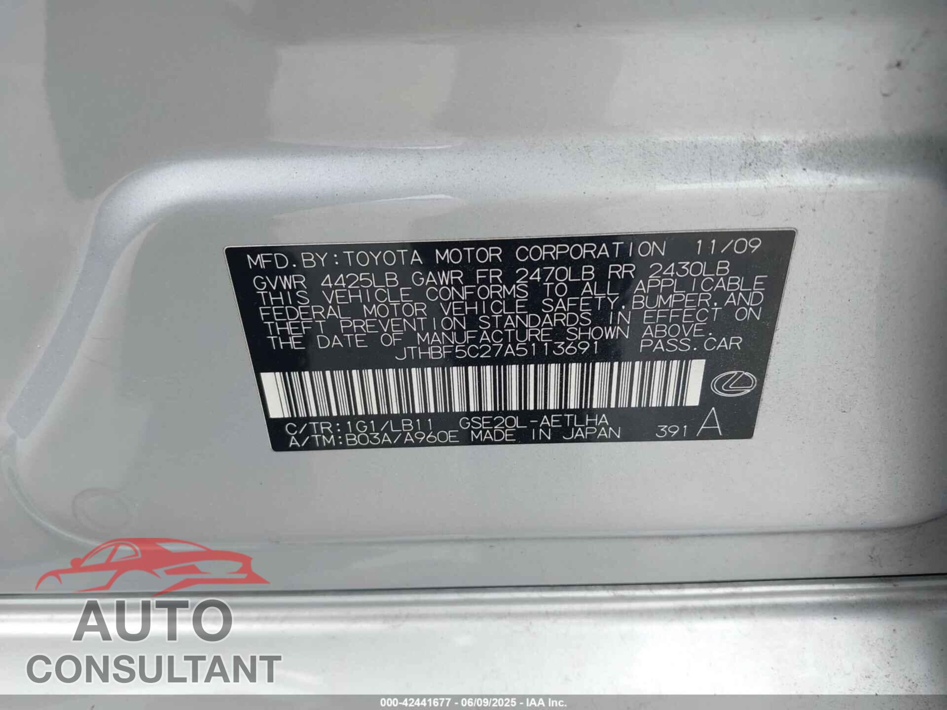 LEXUS IS 250 2010 - JTHBF5C27A5113691