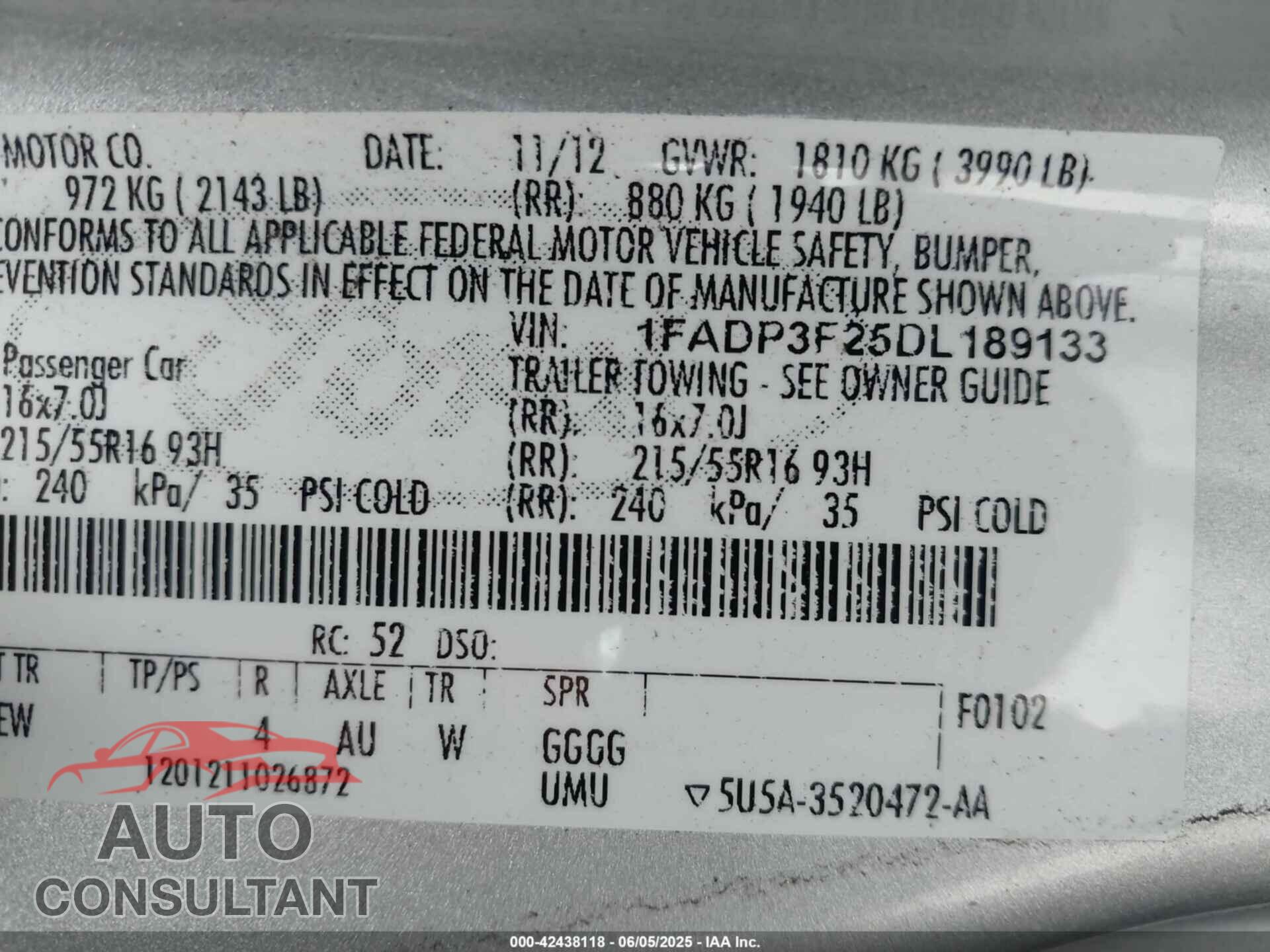 FORD FOCUS 2013 - 1FADP3F25DL189133