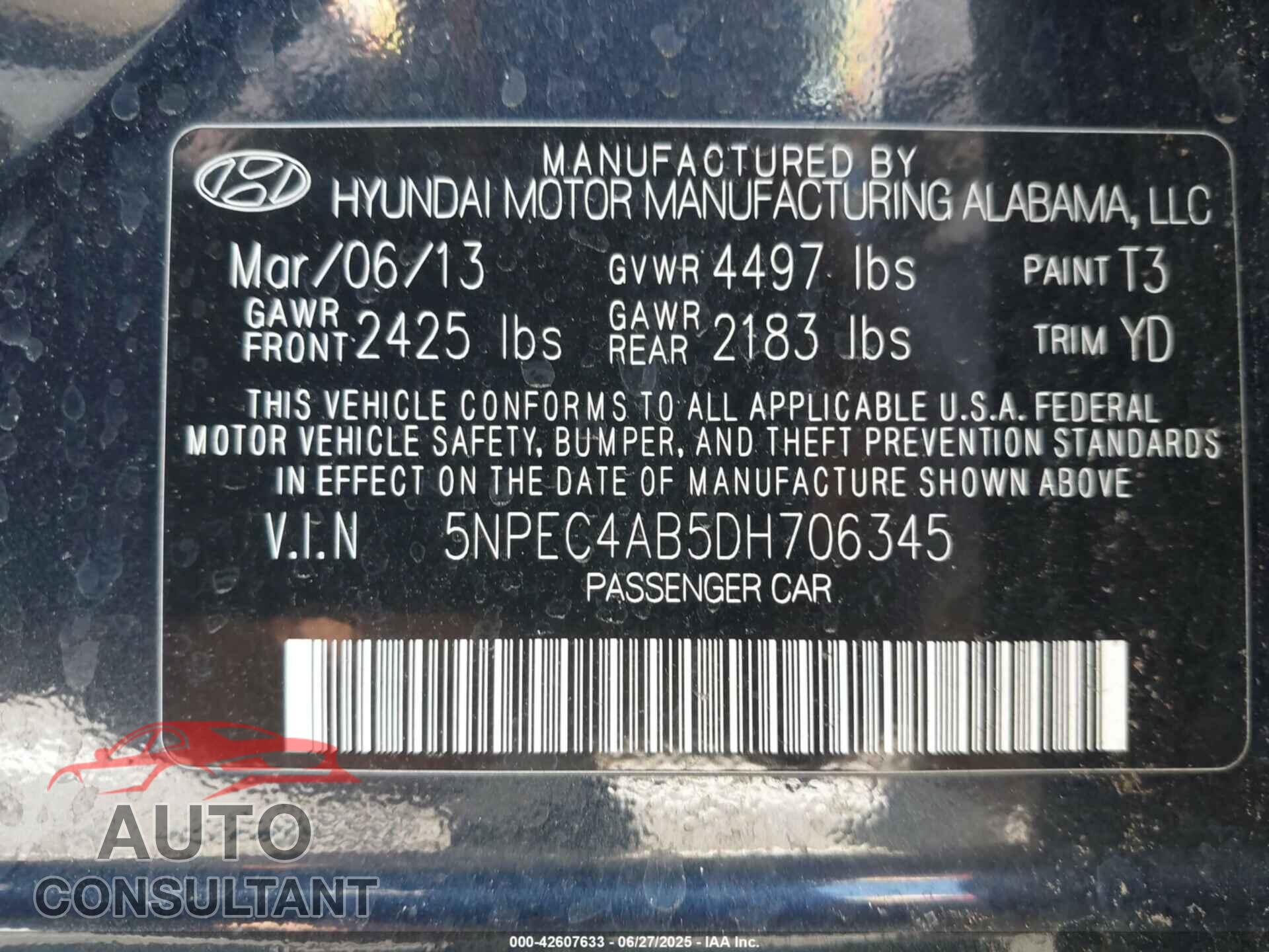 HYUNDAI SONATA 2013 - 5NPEC4AB5DH706345