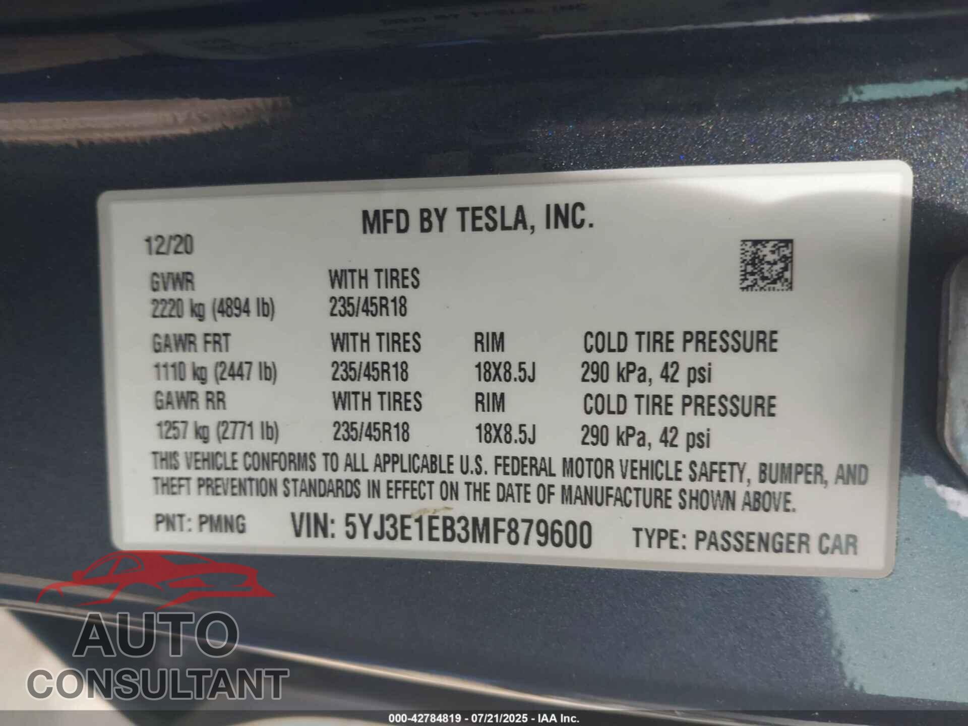 TESLA MODEL 3 2021 - 5YJ3E1EB3MF879600