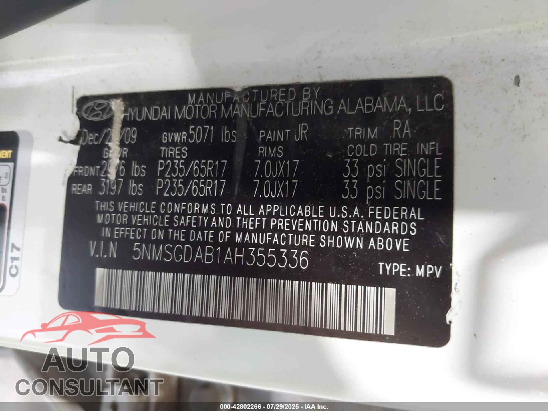 HYUNDAI SANTA FE 2010 - 5NMSGDAB1AH355336