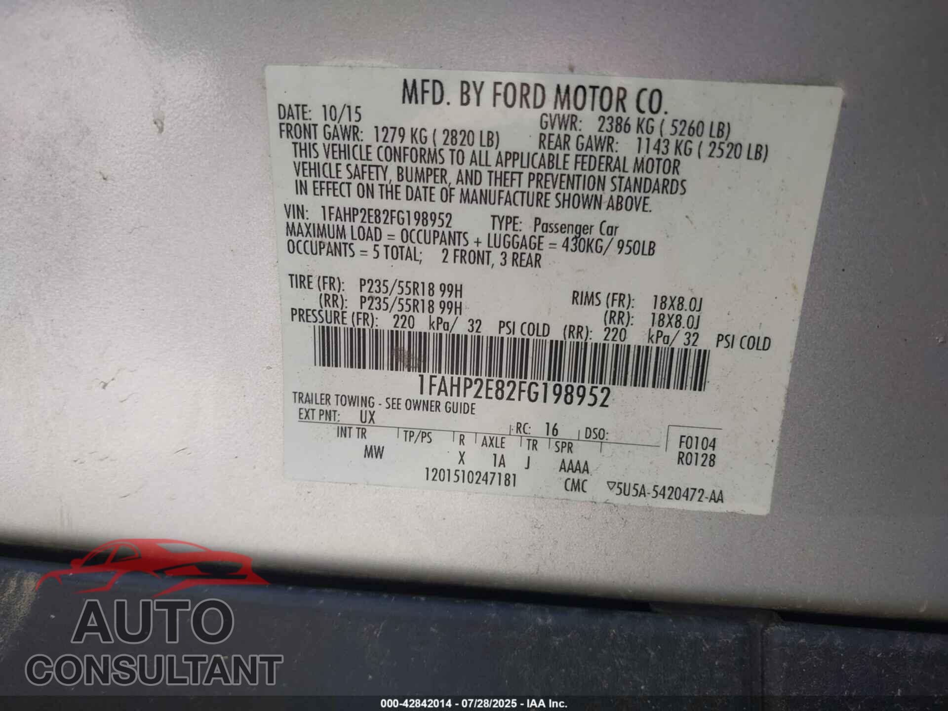 FORD TAURUS 2015 - 1FAHP2E82FG198952