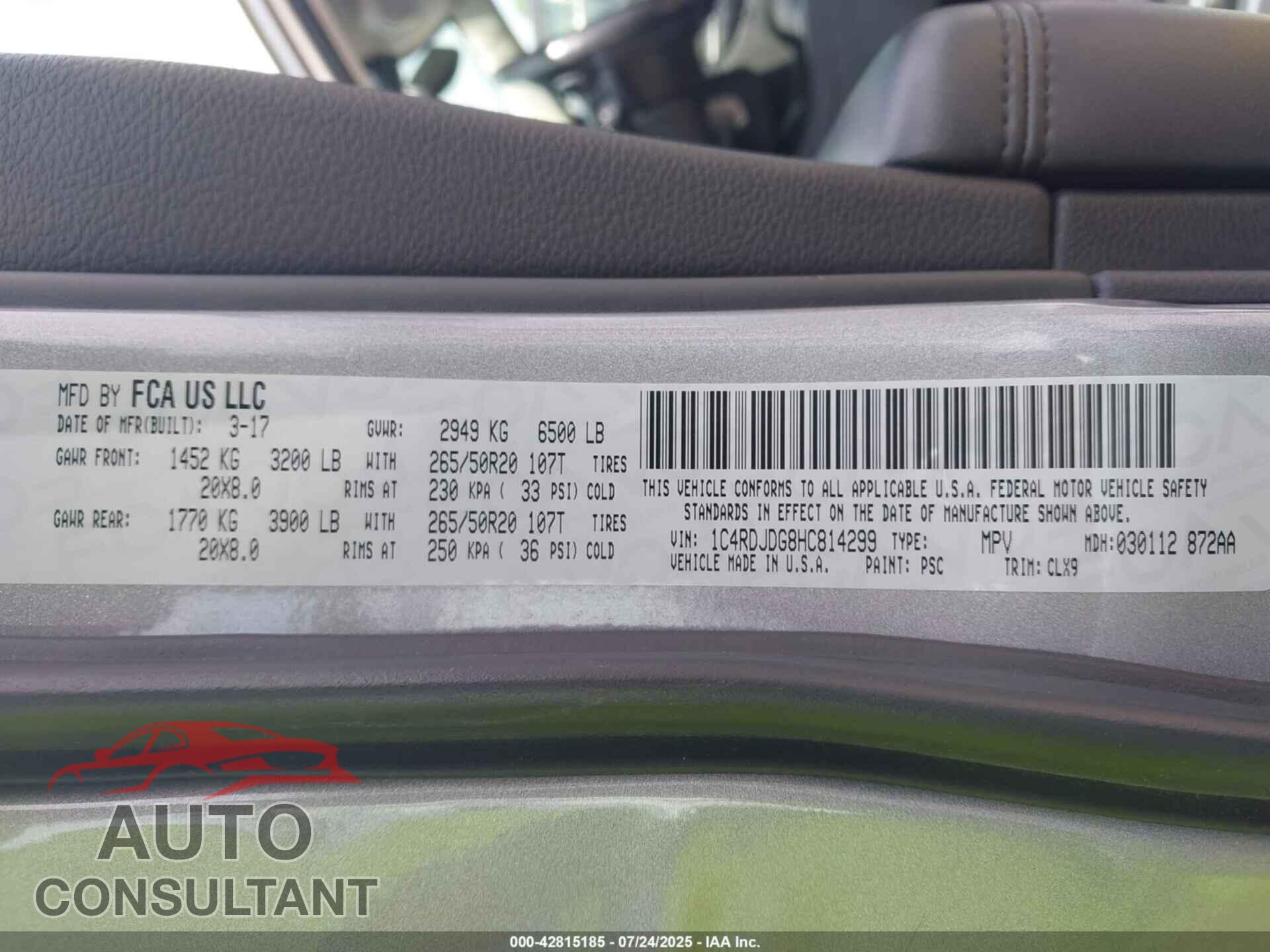 DODGE DURANGO 2017 - 1C4RDJDG8HC814299