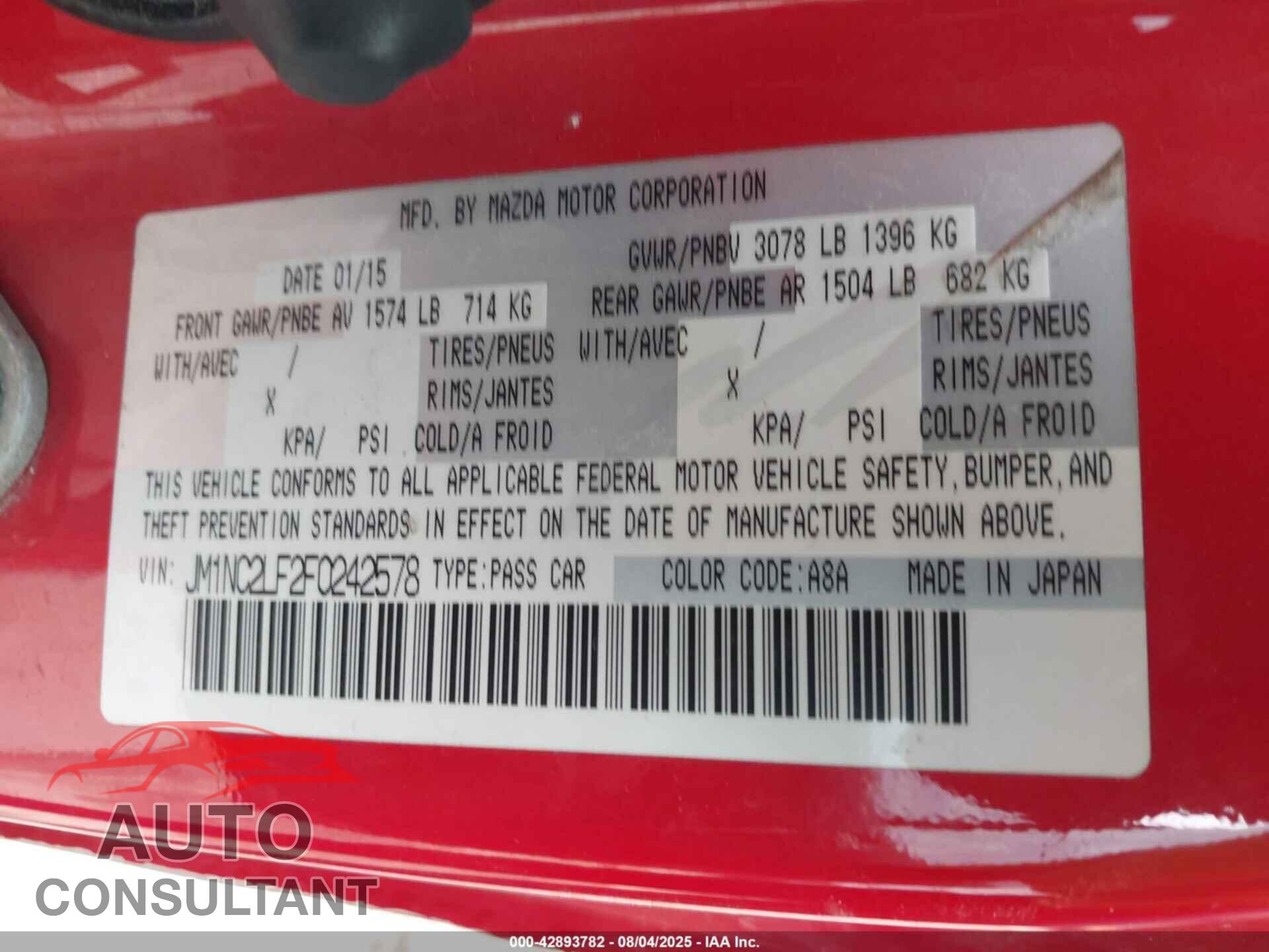 MAZDA MX-5 MIATA 2015 - JM1NC2LF2F0242578