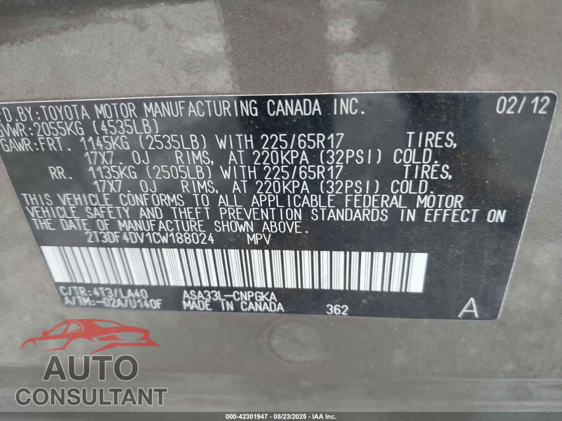 TOYOTA RAV4 2012 - 2T3DF4DV1CW188024