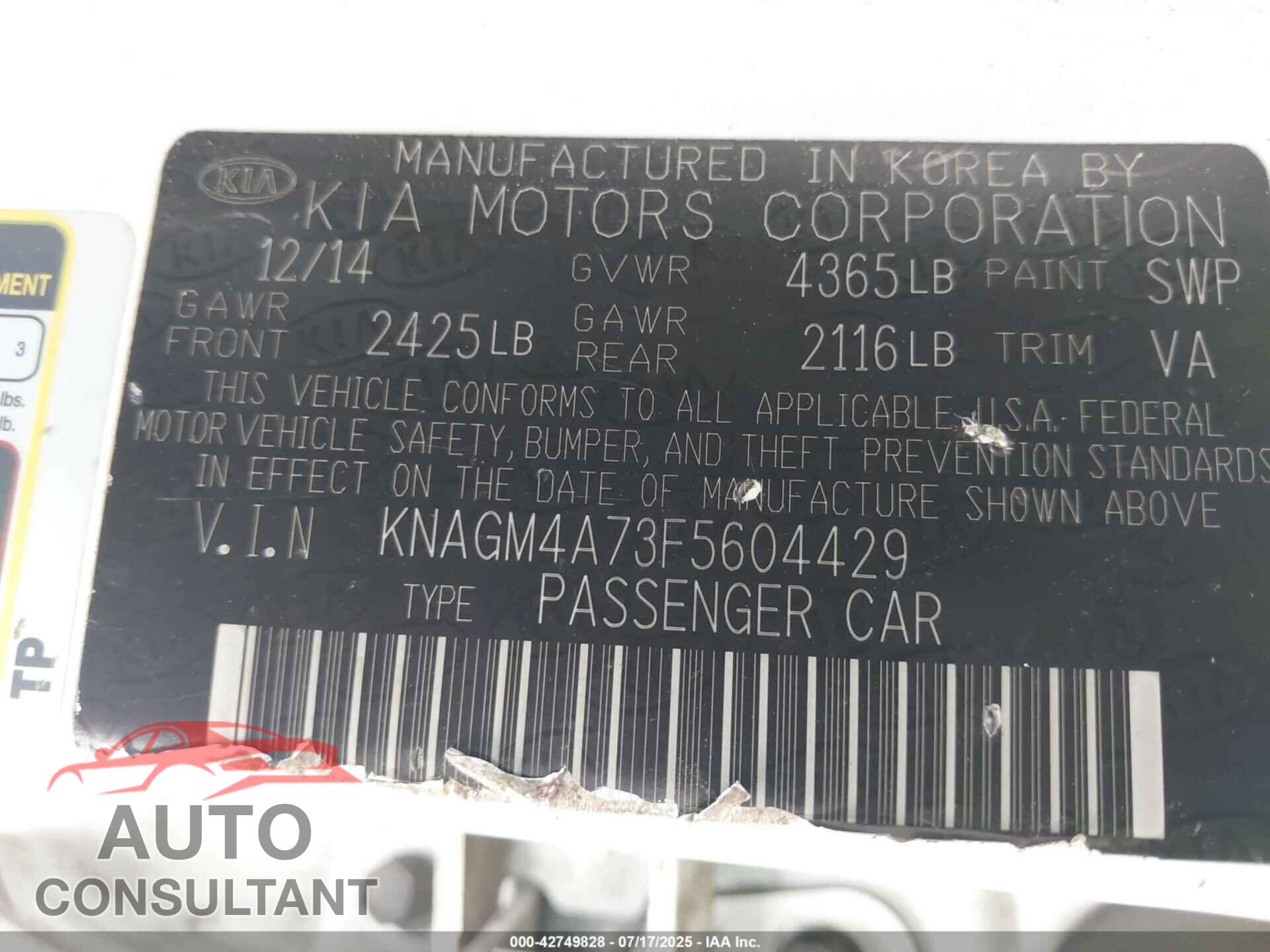 KIA OPTIMA 2015 - KNAGM4A73F5604429