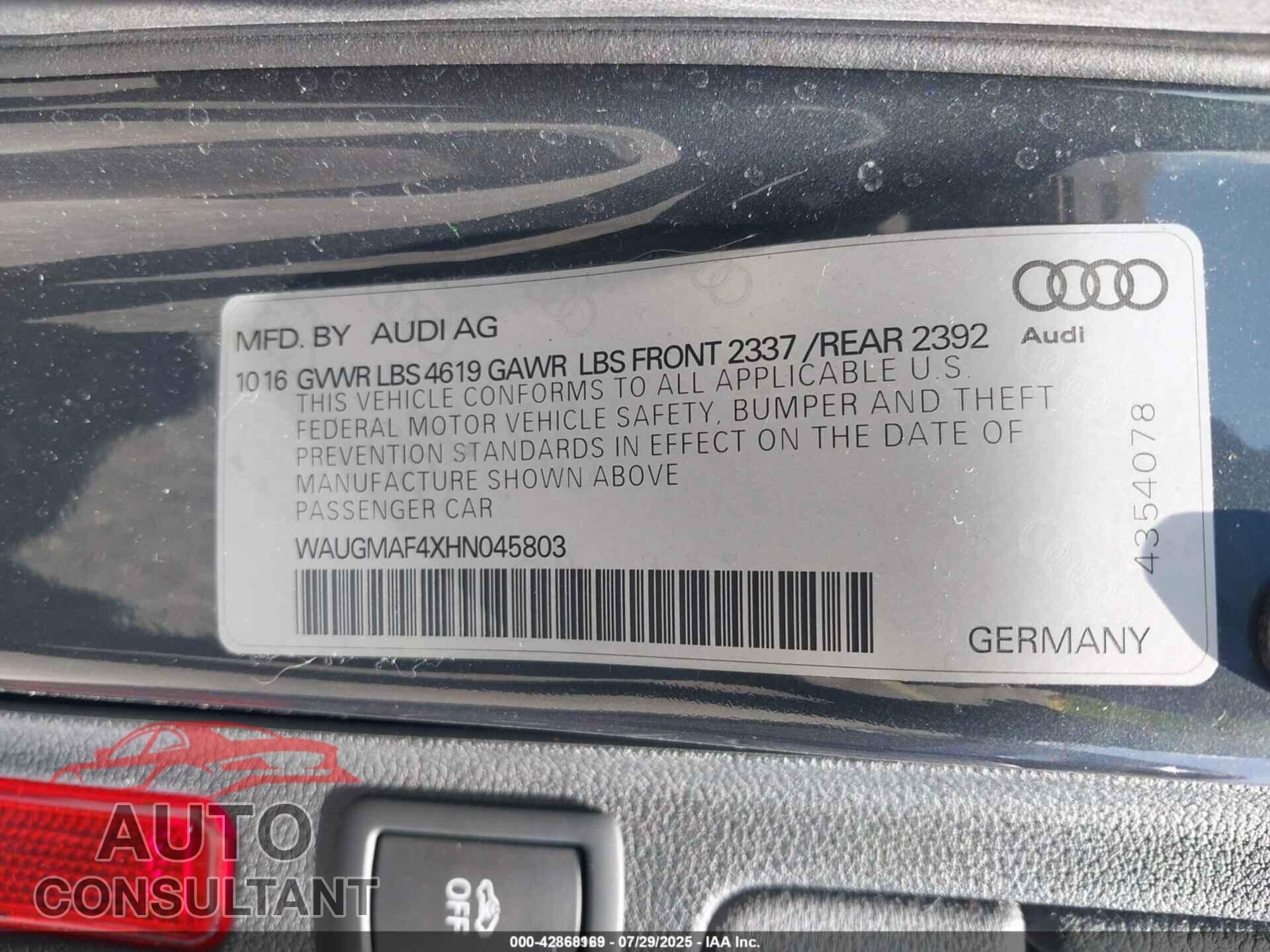 AUDI A4 2017 - WAUGMAF4XHN045803