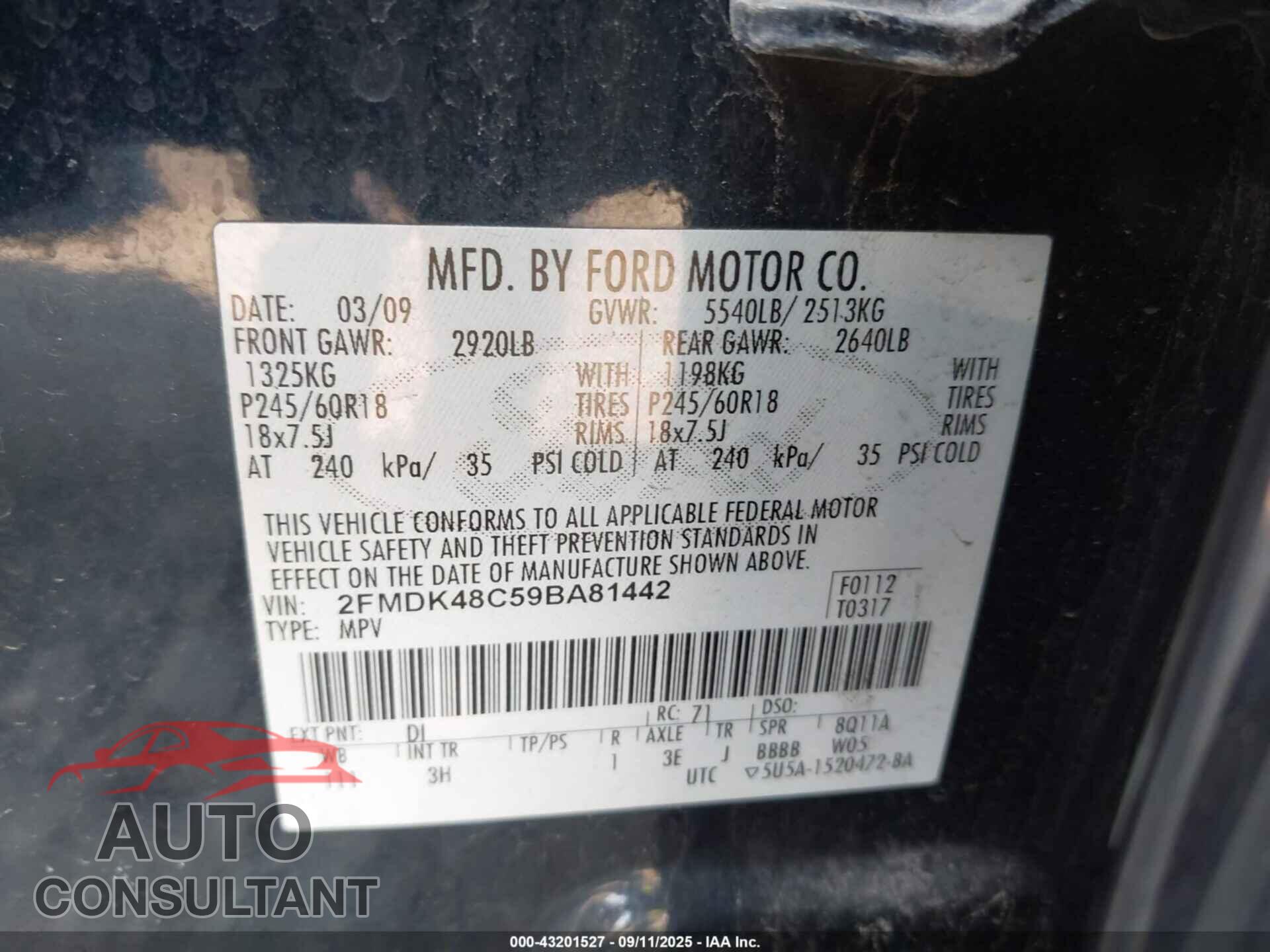 FORD EDGE 2009 - 2FMDK48C59BA81442