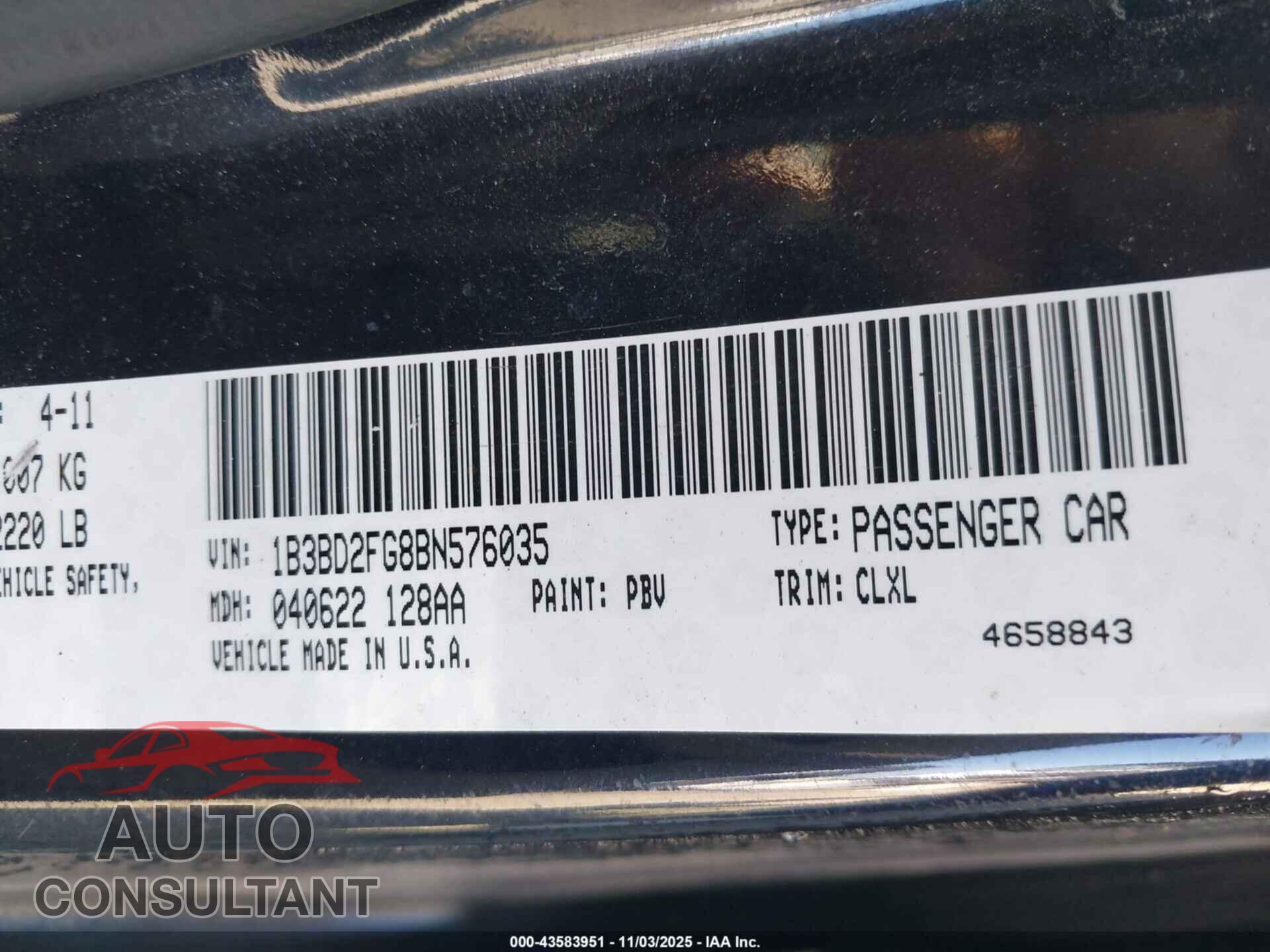 DODGE AVENGER 2011 - 1B3BD2FG8BN576035