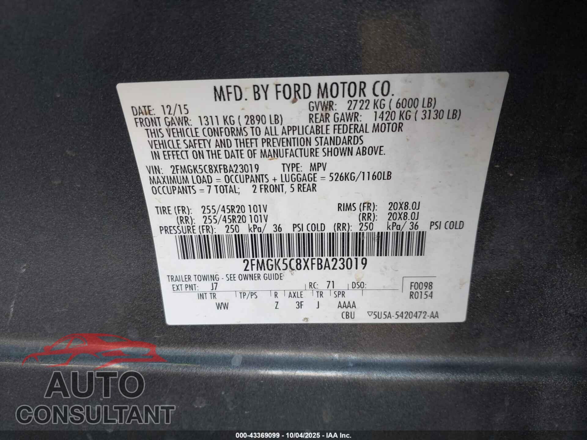 FORD FLEX 2015 - 2FMGK5C8XFBA23019
