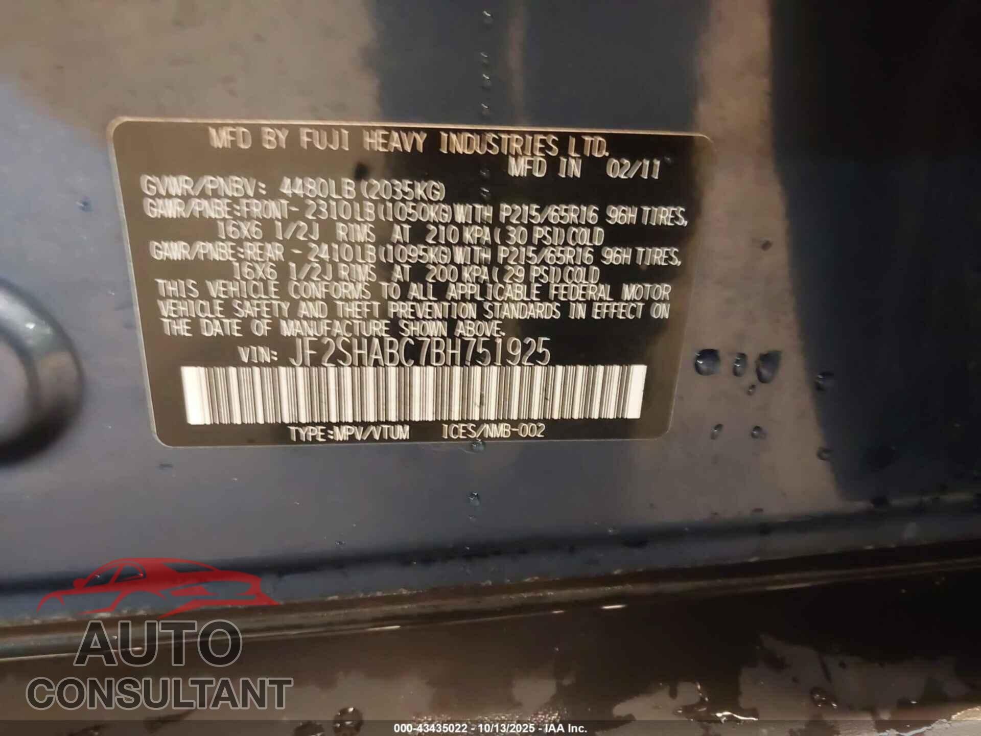 SUBARU FORESTER 2011 - JF2SHABC7BH751925