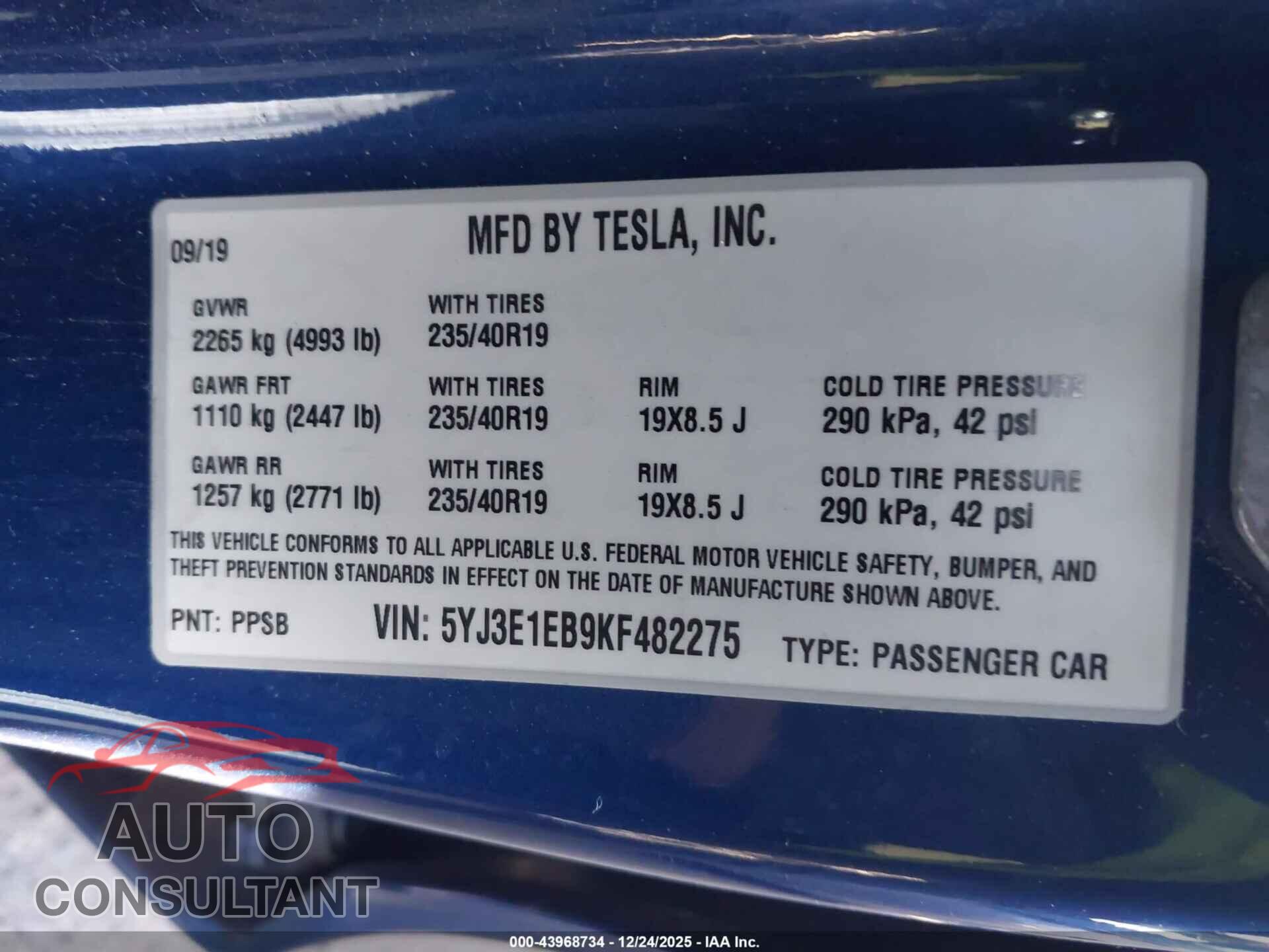 TESLA MODEL 3 2019 - 5YJ3E1EB9KF482275