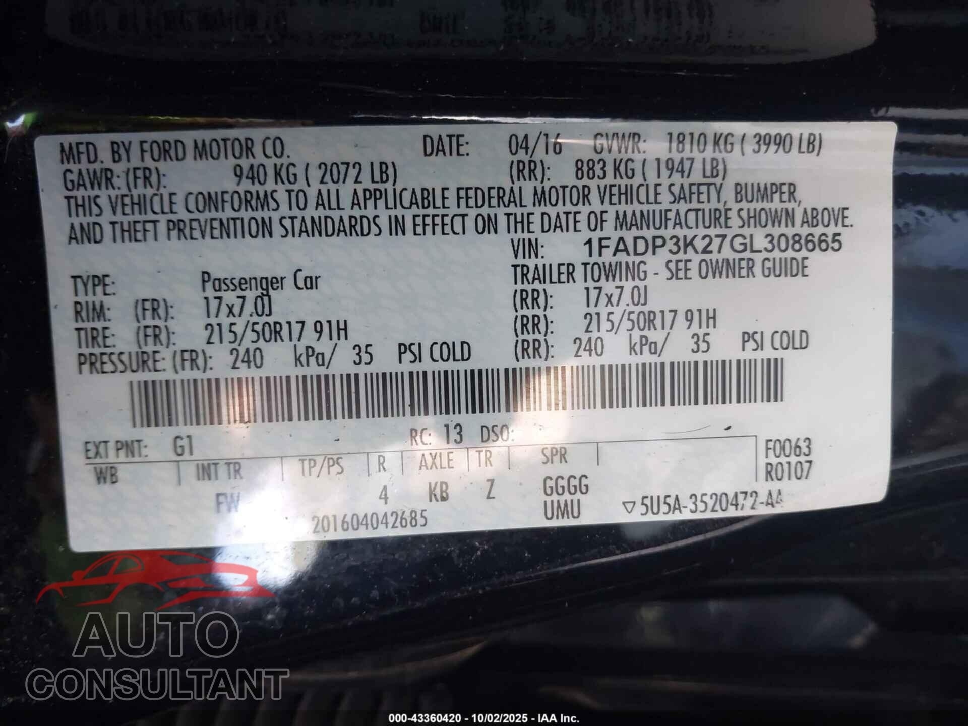 FORD FOCUS 2016 - 1FADP3K27GL308665