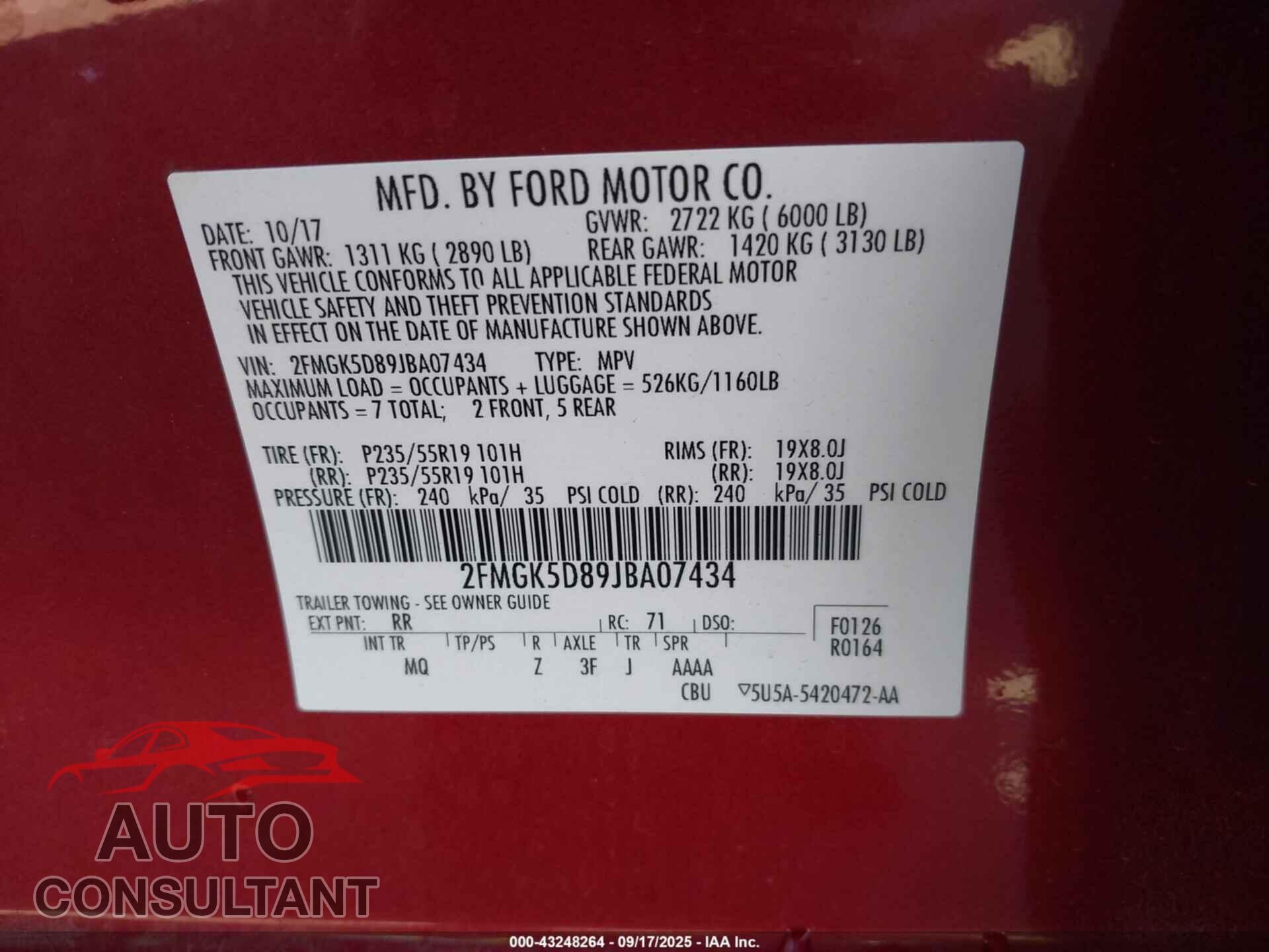 FORD FLEX 2018 - 2FMGK5D89JBA07434