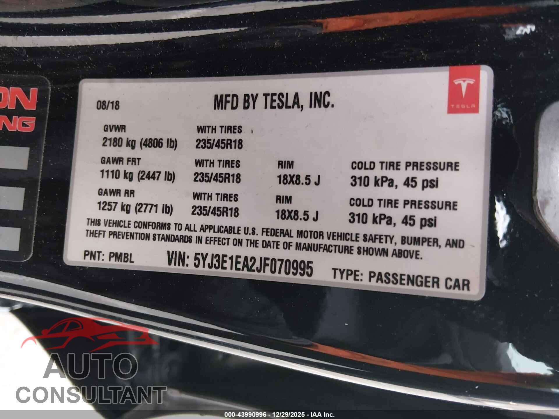 TESLA MODEL 3 2018 - 5YJ3E1EA2JF070995