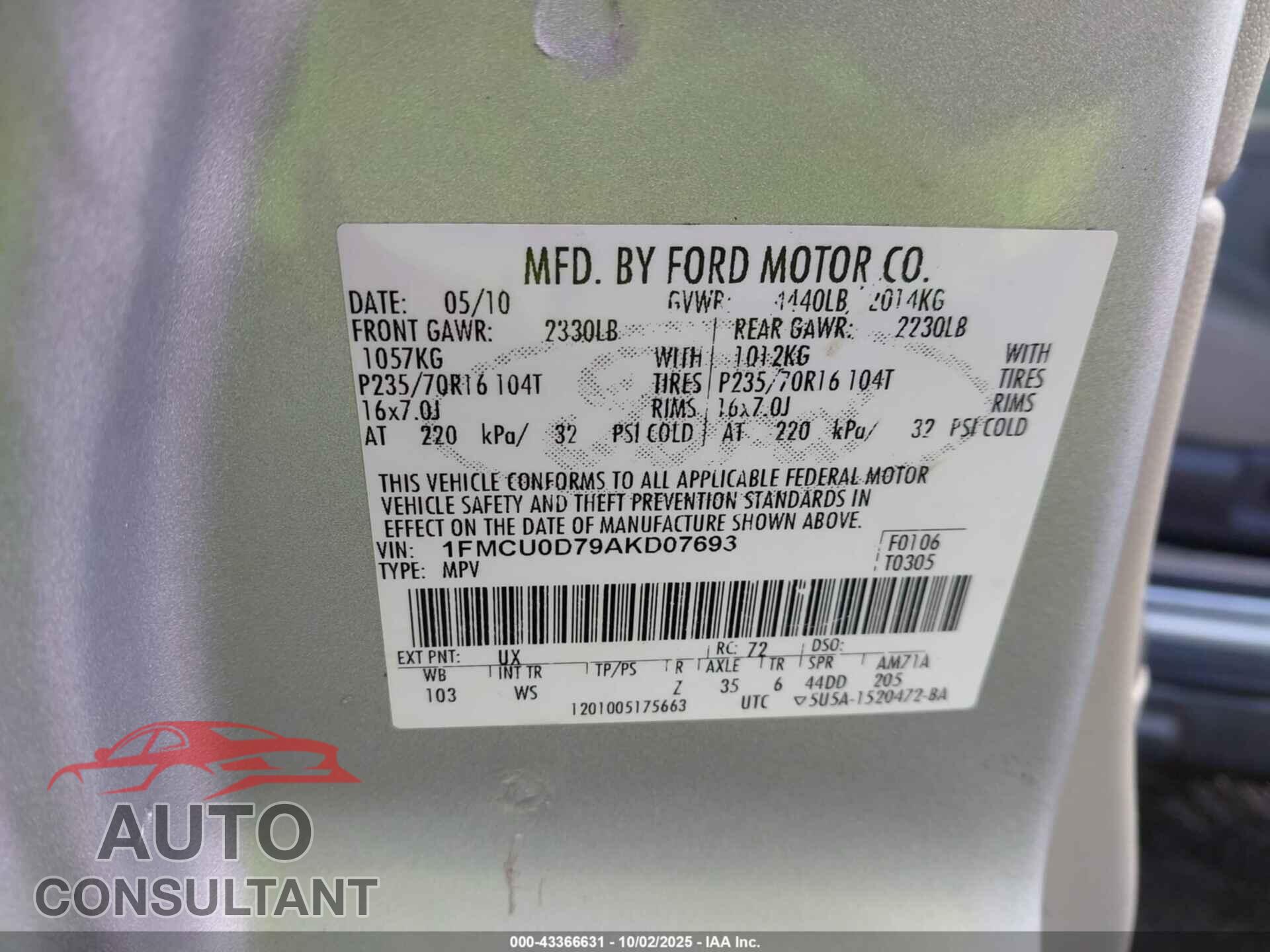 FORD ESCAPE 2010 - 1FMCU0D79AKD07693