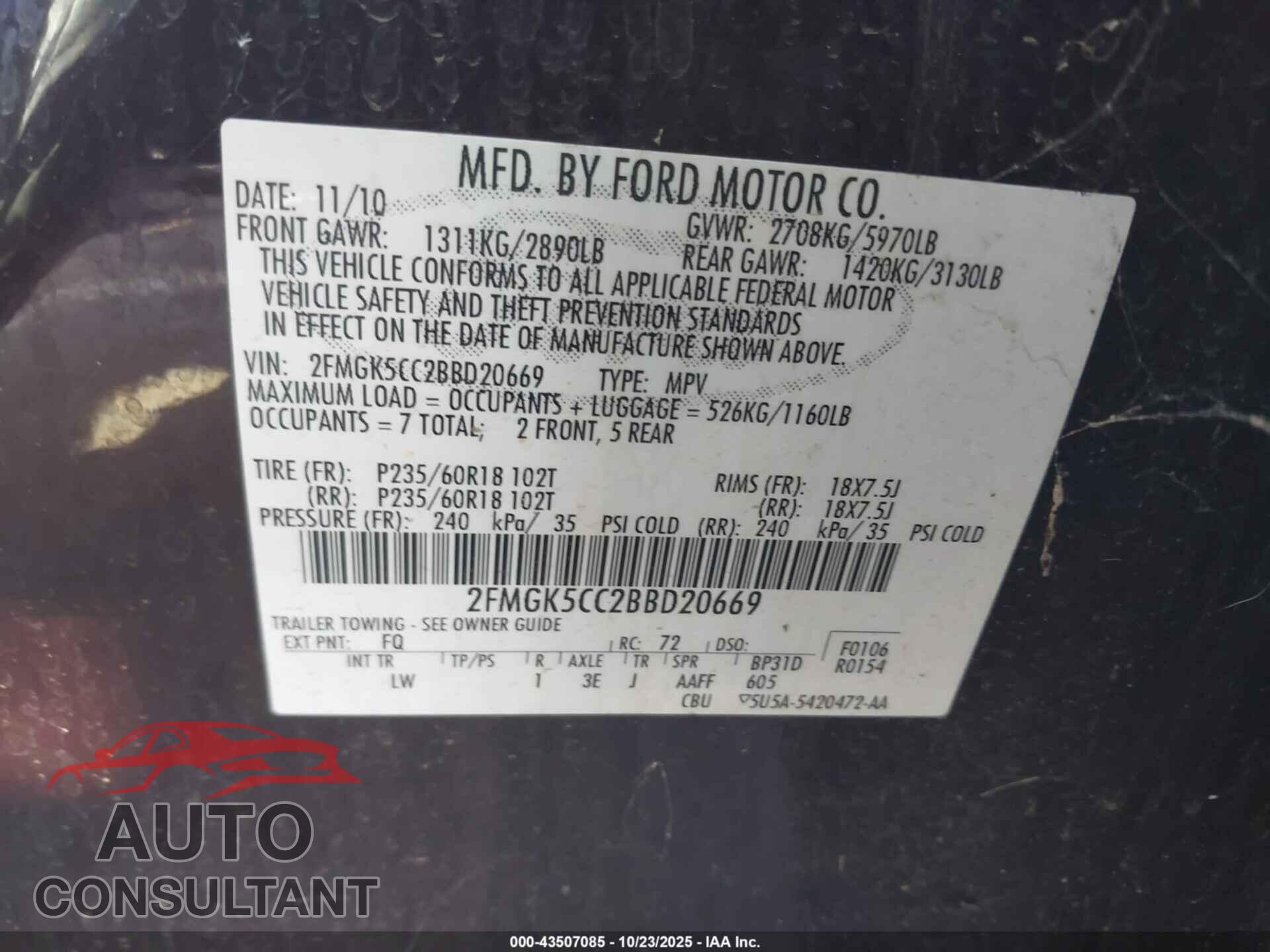 FORD FLEX 2011 - 2FMGK5CC2BBD20669