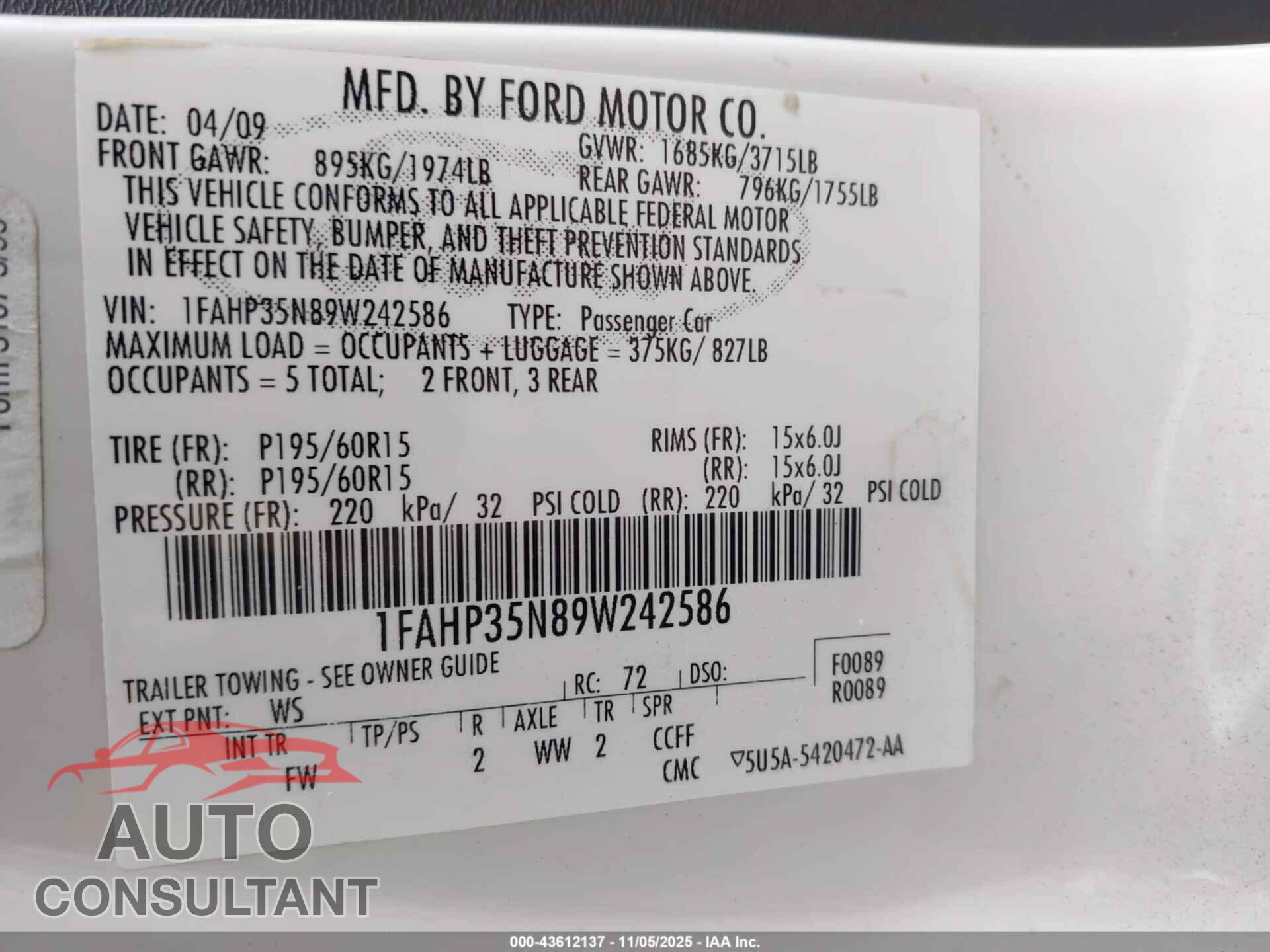 FORD FOCUS 2009 - 1FAHP35N89W242586