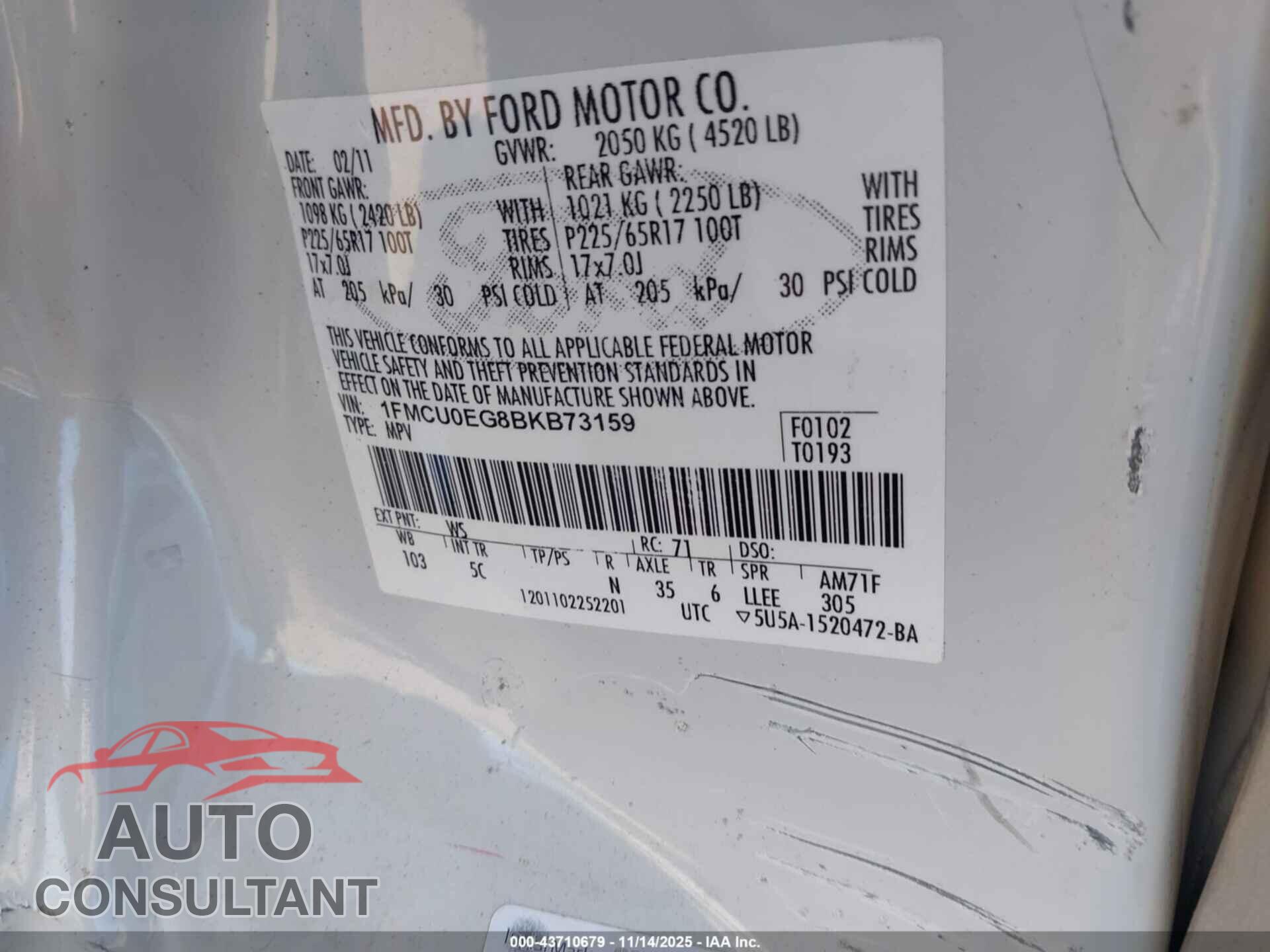 FORD ESCAPE 2011 - 1FMCU0EG8BKB73159