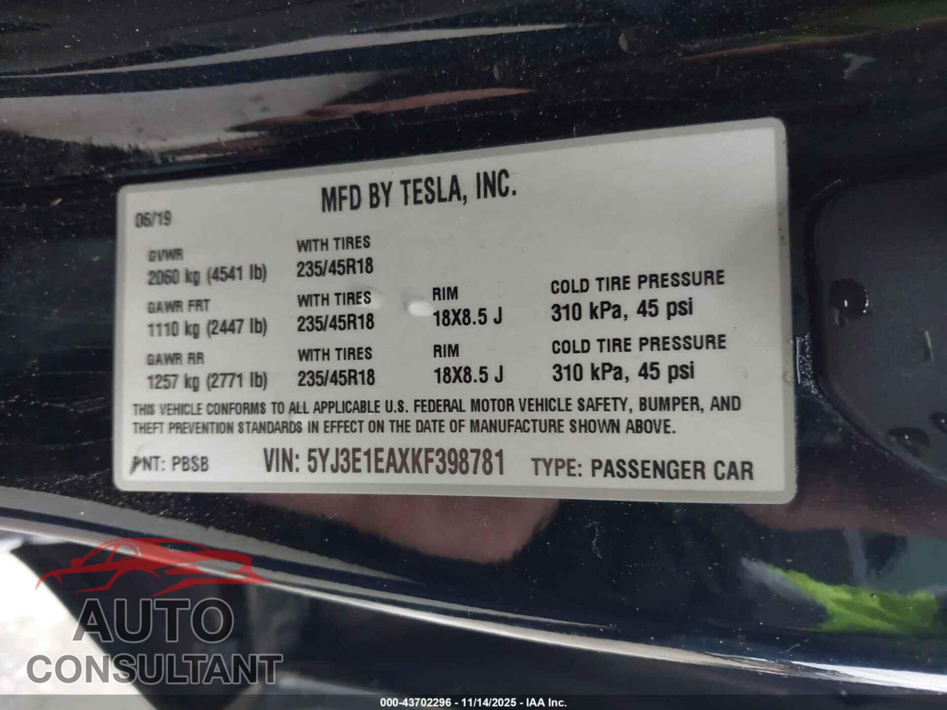 TESLA MODEL 3 2019 - 5YJ3E1EAXKF398781