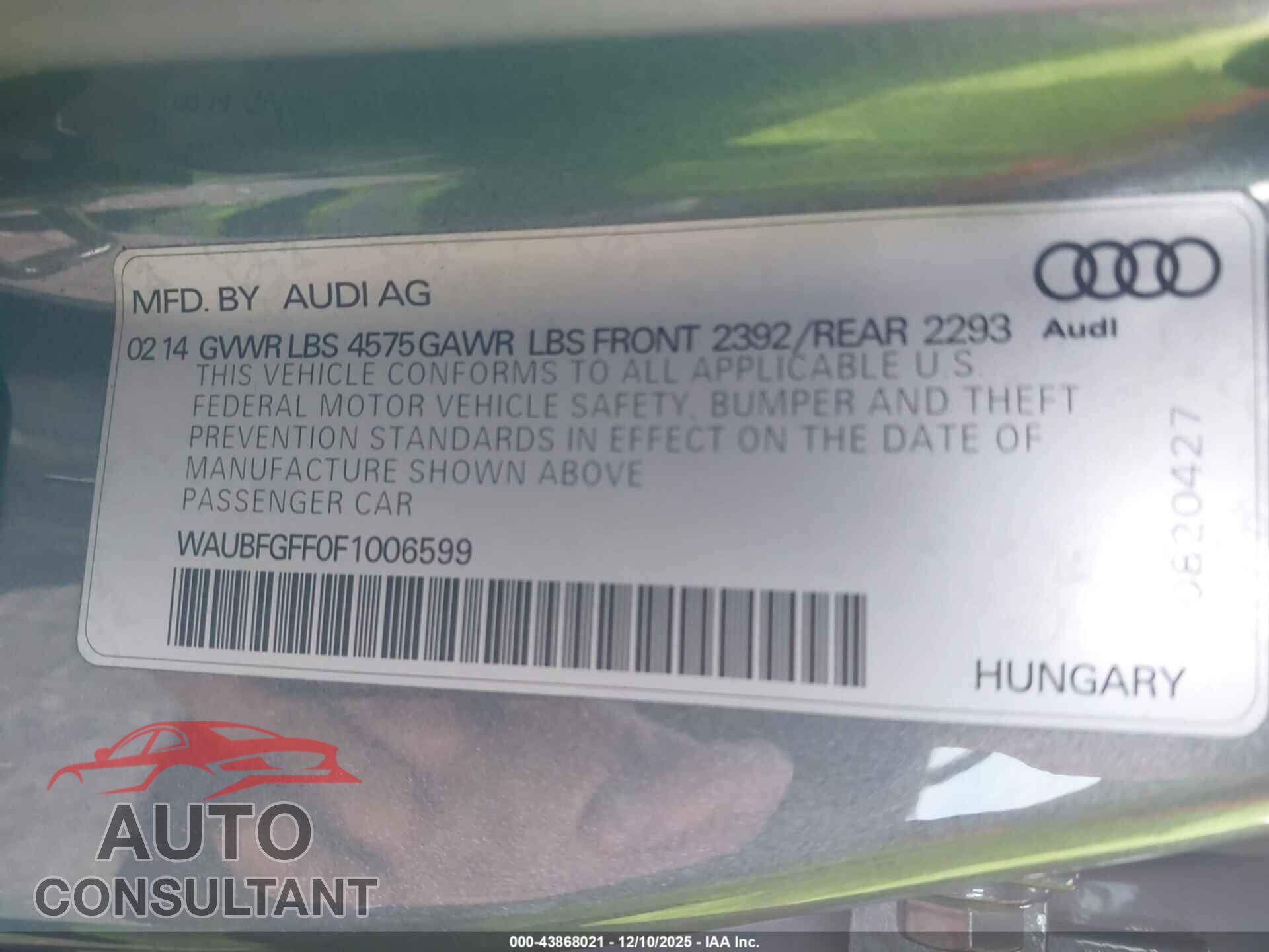 AUDI A3 2015 - WAUBFGFF0F1006599