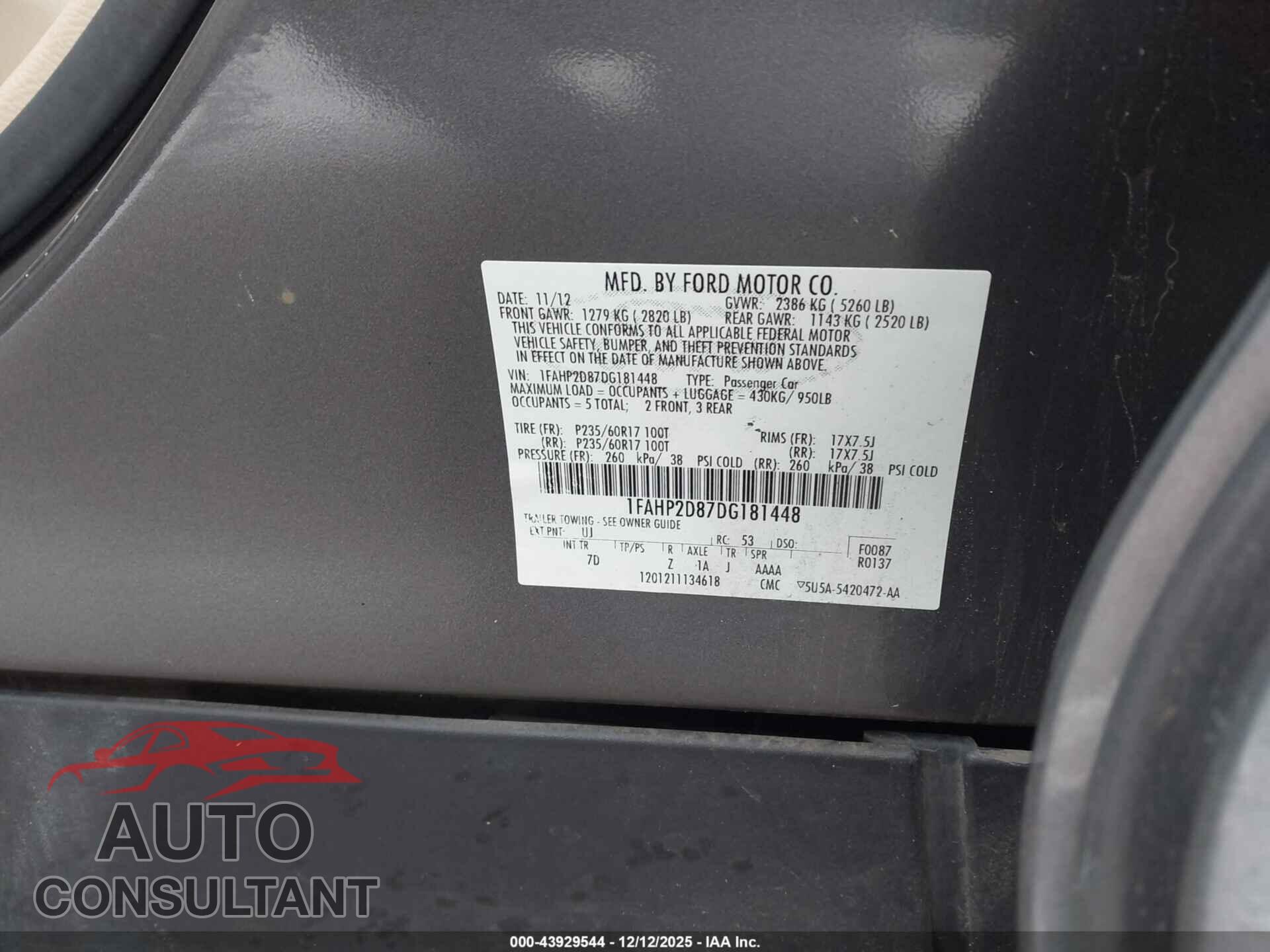 FORD TAURUS 2013 - 1FAHP2D87DG181448