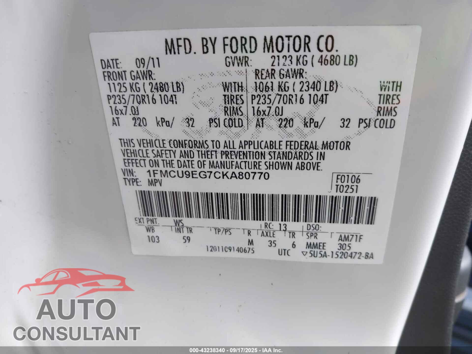 FORD ESCAPE 2012 - 1FMCU9EG7CKA80770