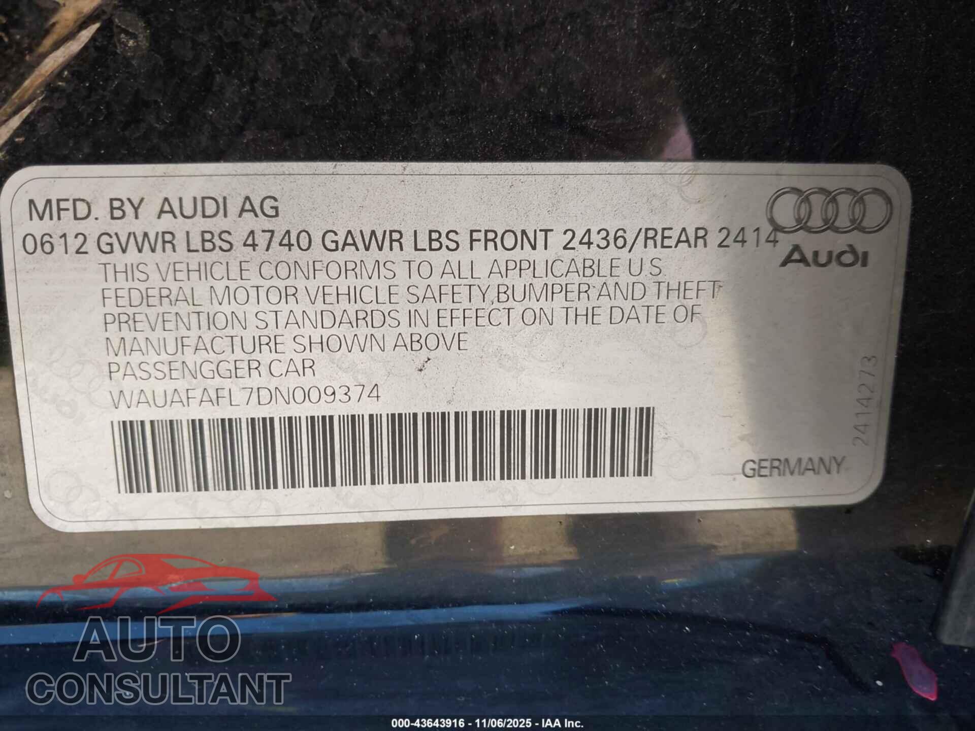 AUDI A4 2013 - WAUAFAFL7DN009374