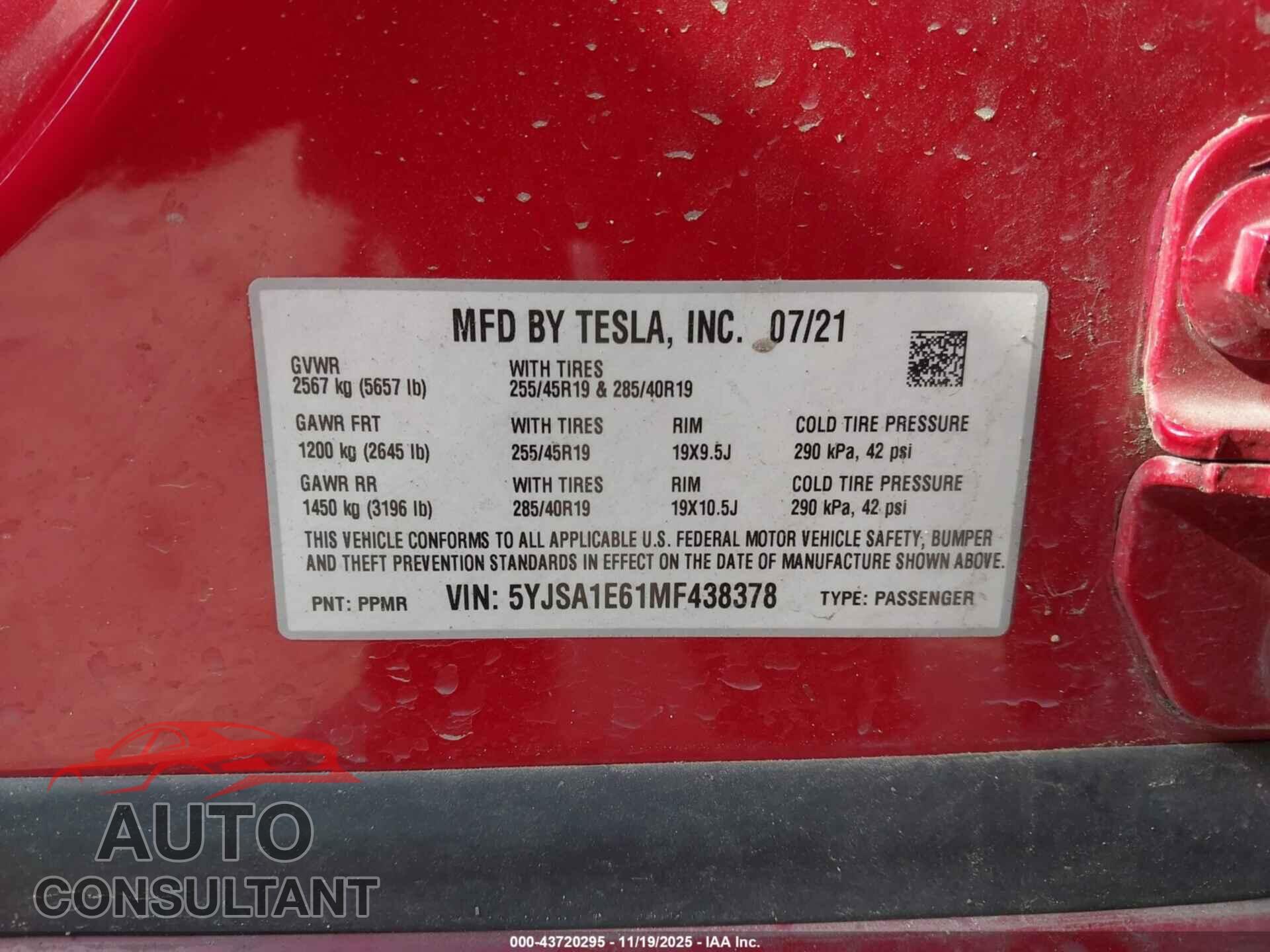 TESLA MODEL S 2021 - 5YJSA1E61MF438378