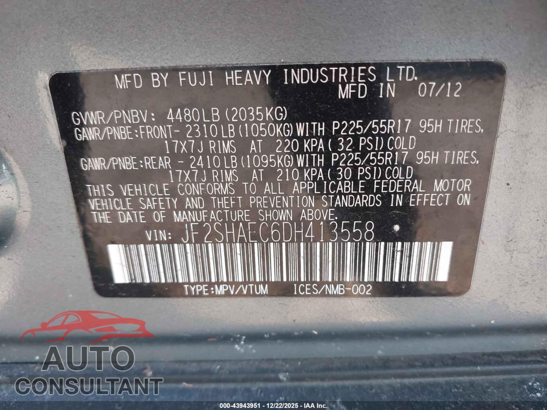 SUBARU FORESTER 2013 - JF2SHAEC6DH413558