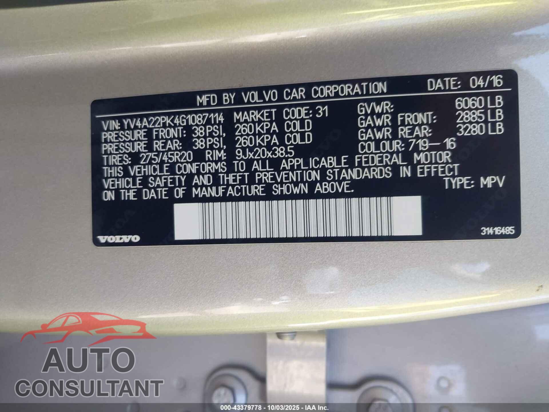 VOLVO XC90 2016 - YV4A22PK4G1087114